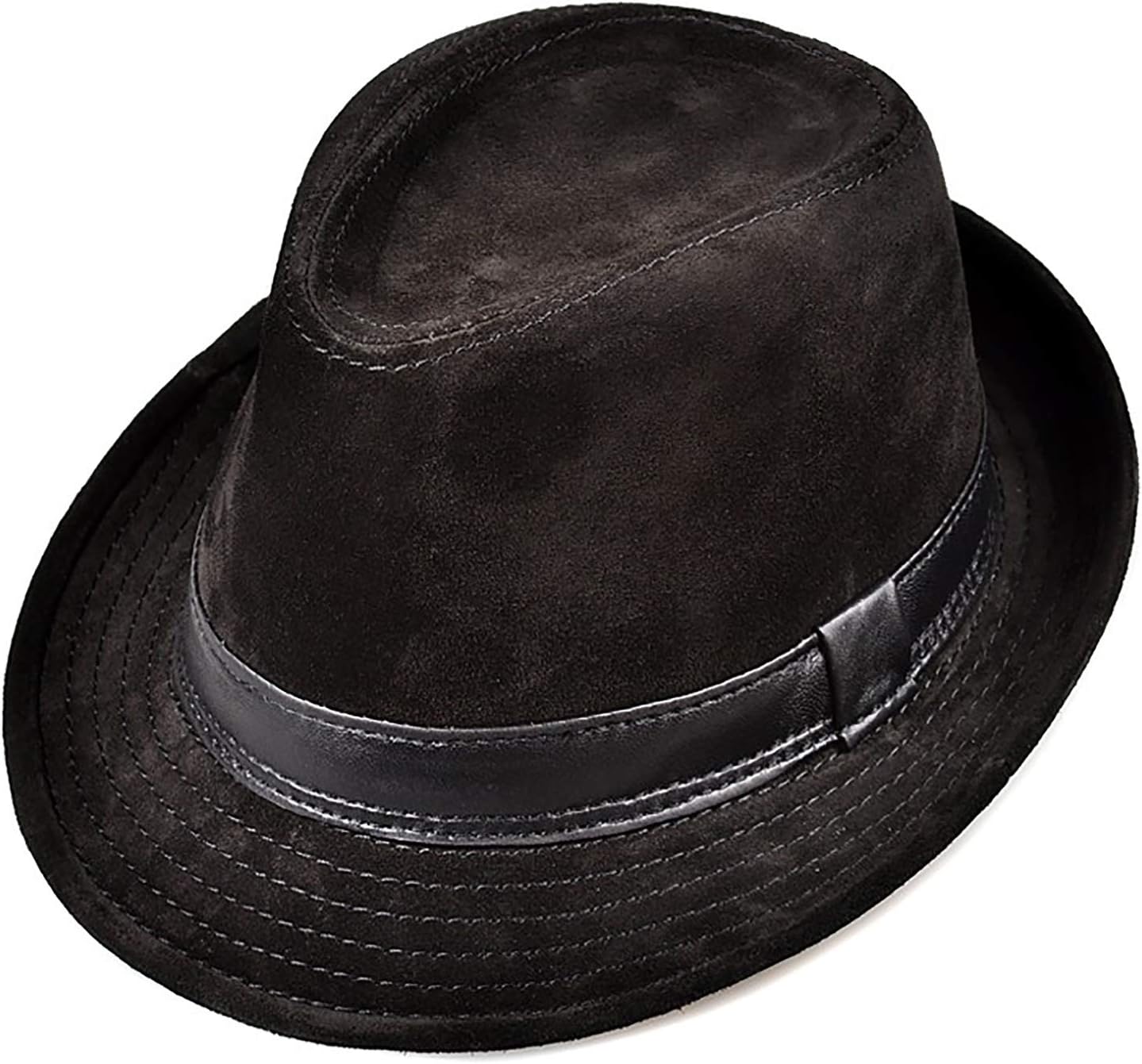 Winter Hats,Fedoras Trilby Hat Men Nubuck Leather Jazz Hat Cowhide Gentleman Hat Short Birm Autumn and Winter