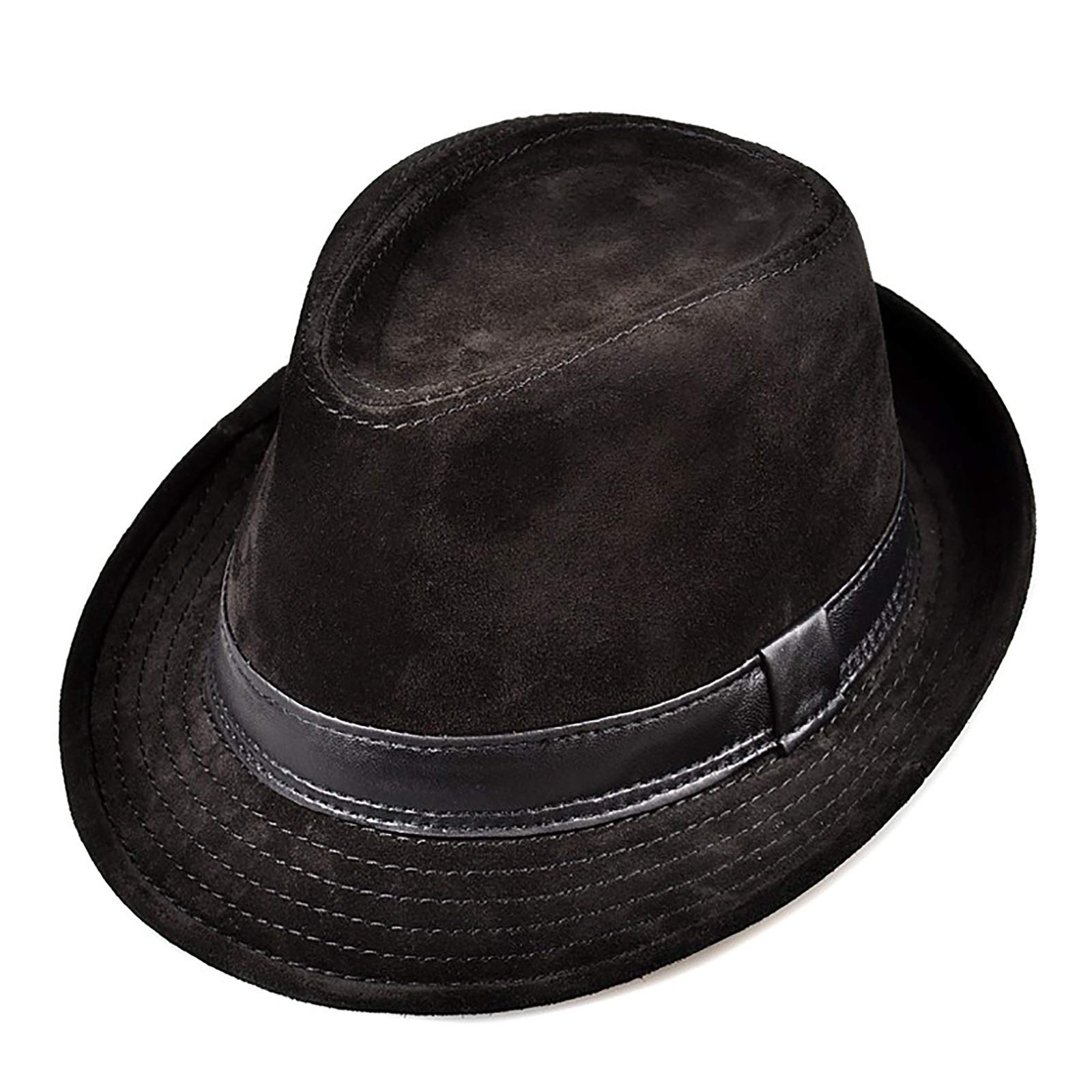 Nster Men's Black Winter Hats,Fedoras Trilby Hat Nubuck Leather Jazz Hat Cowhide Gentleman Hat Short Birm Autumn And Winter