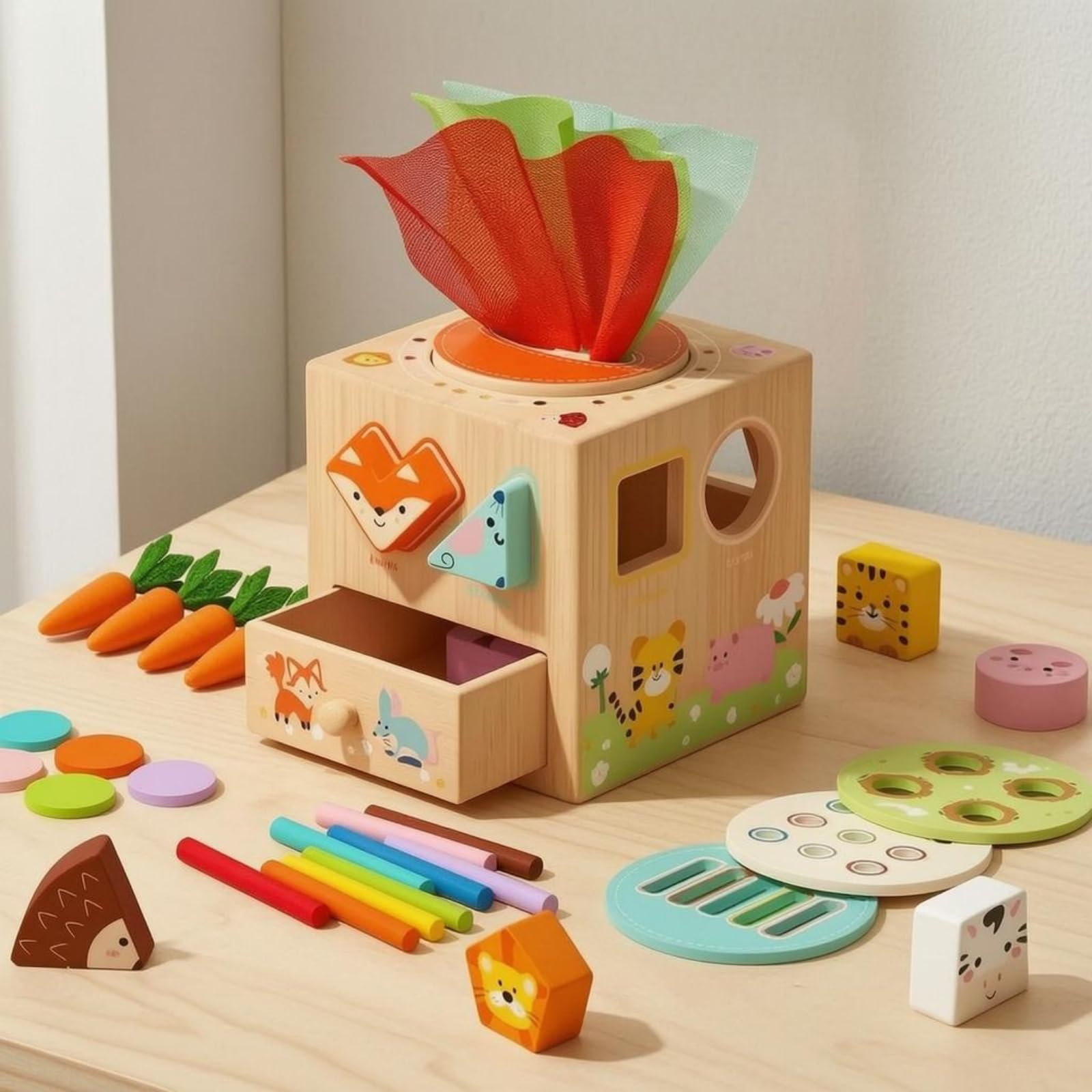 Qianly Cubo attività Educativo Apprendimento Precoce Cubo Multiattività in Legno Coordinazione Occhio-Mano Classificatore di Forme in Legno