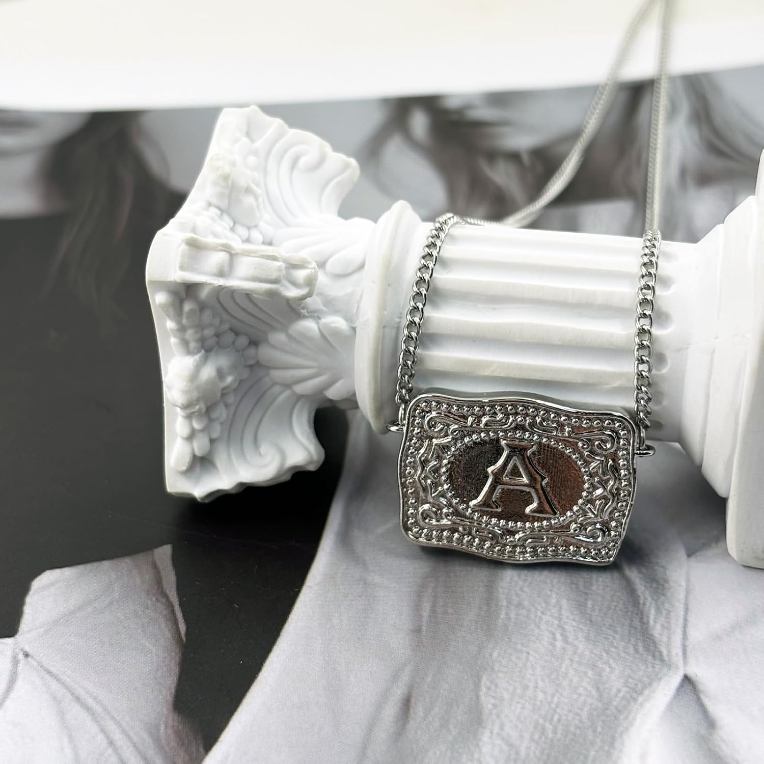 Belt Buckle Necklace for Women Silver Western Initial Letter Necklace Cow Tag Necklaces with Initial Dainty Letter Chain Necklaces Trendy Jewelry Accessories - Image 3