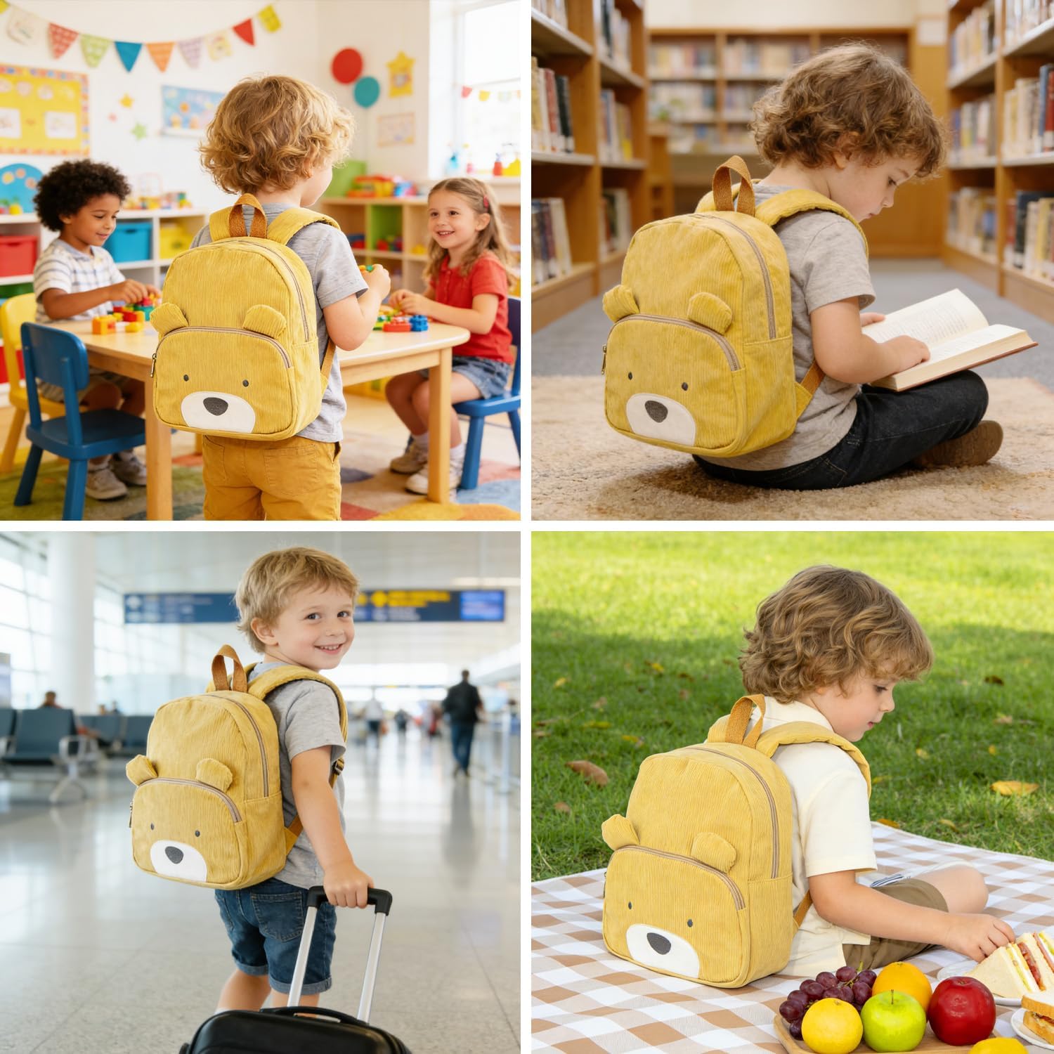 Corduroy Toddler Backpack for Boys Girls 3-5, Cute Bear Animal Backpacks Preschool Kindergarten Backpack - Khaki - Image 8