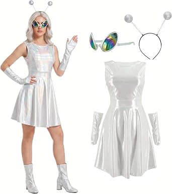 Women Alien Costume Gradient Metallic Dress Space Cadet Halloween Cosplay
