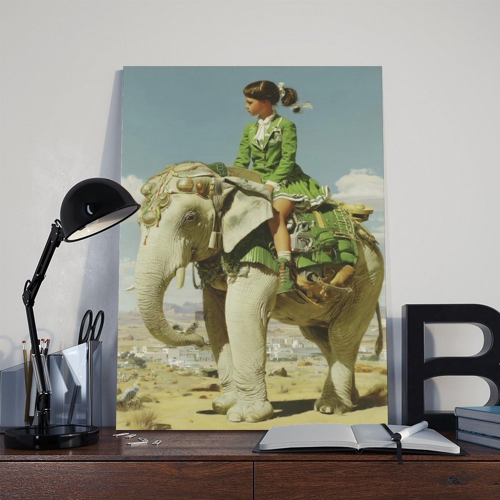 Poster su tela con elefante che cavalca una ragazza