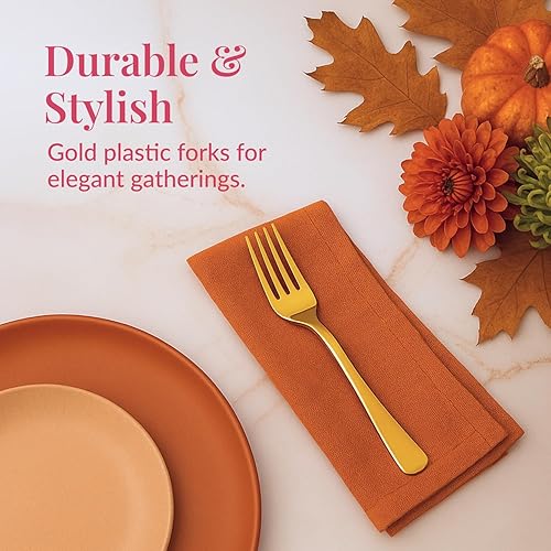 Miniatura 2 de Prestee 100 tenedores de plástico dorados resistentes, tenedores de plástico dorado pesados, cubiertos de plástico de lujo, elegantes tenedores