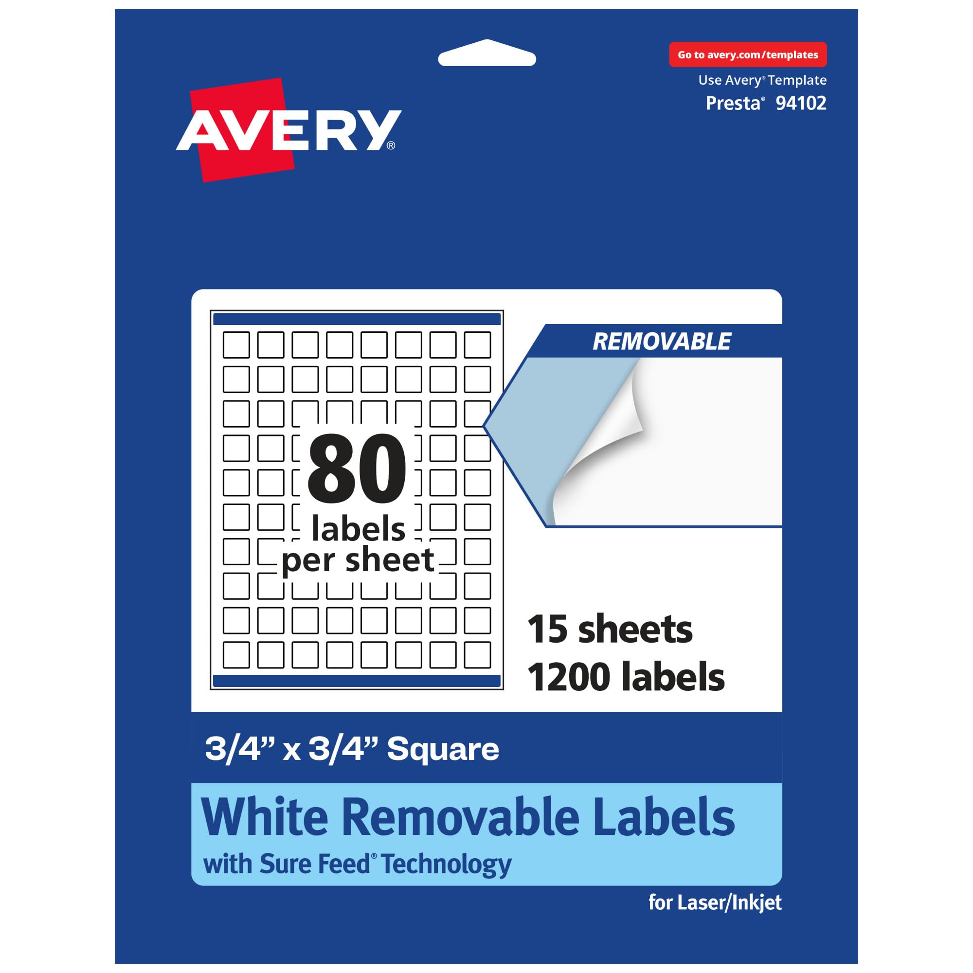 Avery Matte White Removable Square Labels, Sure Feed Technology, Print-to-The-Edge, 3/4" x 3/4", 1,200 Removable Labels, Laser/Inkjet Printable