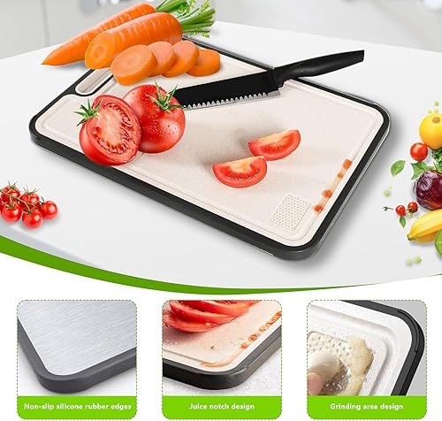 Miniatura 5 de UFJEG Tabla de cortar de titanio para cocina, tabla de cortar de doble cara de grado alimenticio, titanio puro y paja de trigo PP para picar