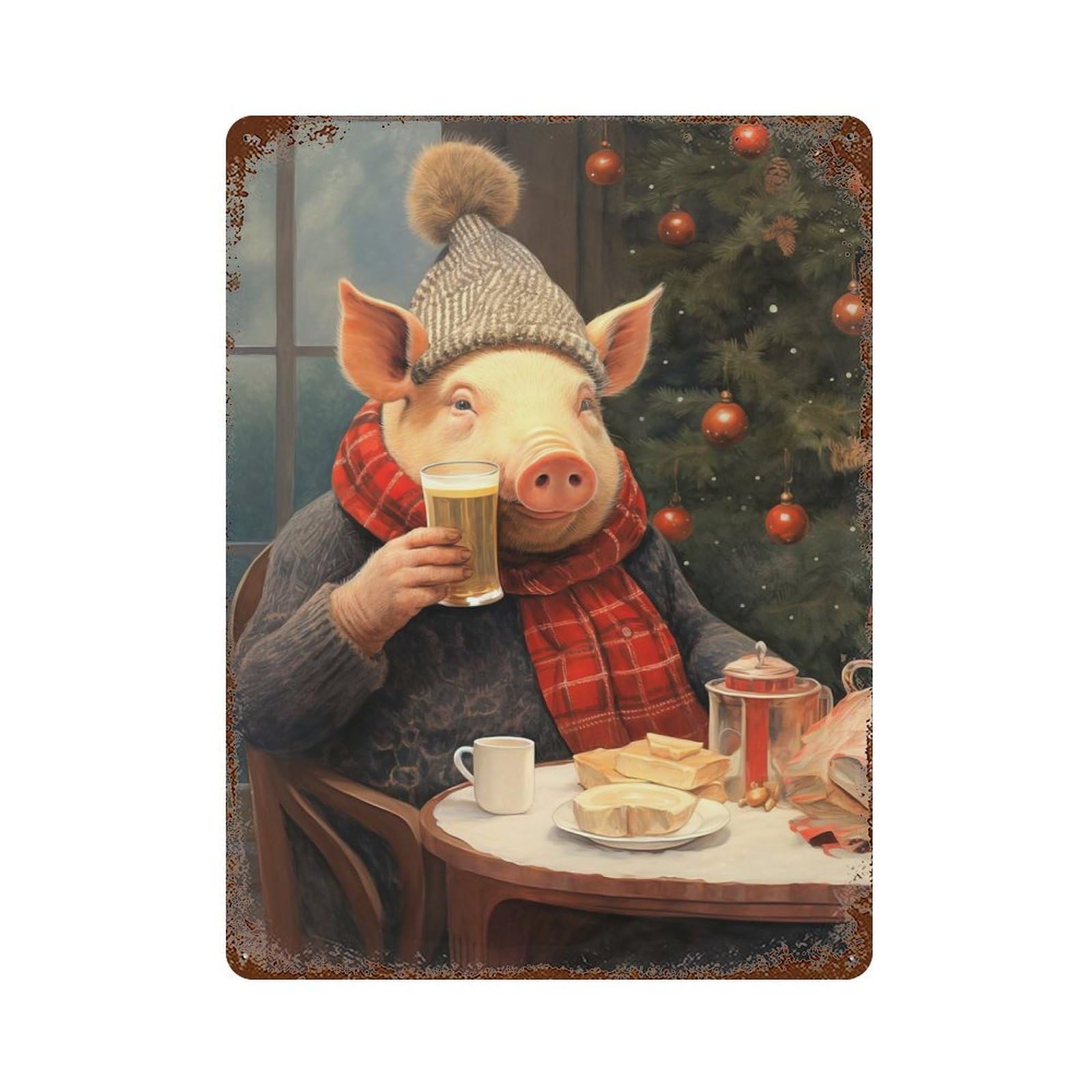 Festive Pig with Beer Retro Metal Sign 15.7"x11.8", for Garage, Bar And Workshop Decor, Shabby Chic Decor
