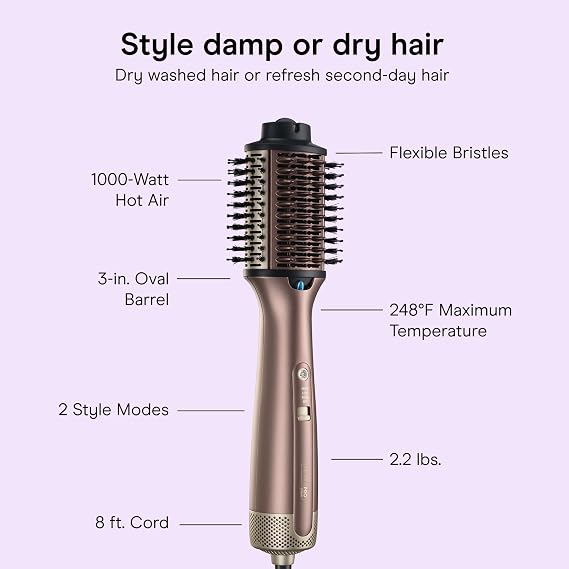 Conair Blow Dryer Brush, One-Step Design, Frizz Control, 3 Barrel | Wet-to-dry hair dryer brush for wavy, curly, and textured hair, 2 styling modes, maximum temperature of 248F, 8-foot cord