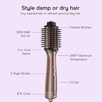 Conair Blow Dryer Brush, One-Step Design, Frizz Control, 3 Barrel | Wet-to-dry hair dryer brush for wavy, curly, and textured hair, 2 styling modes, maximum temperature of 248F, 8-foot cord
