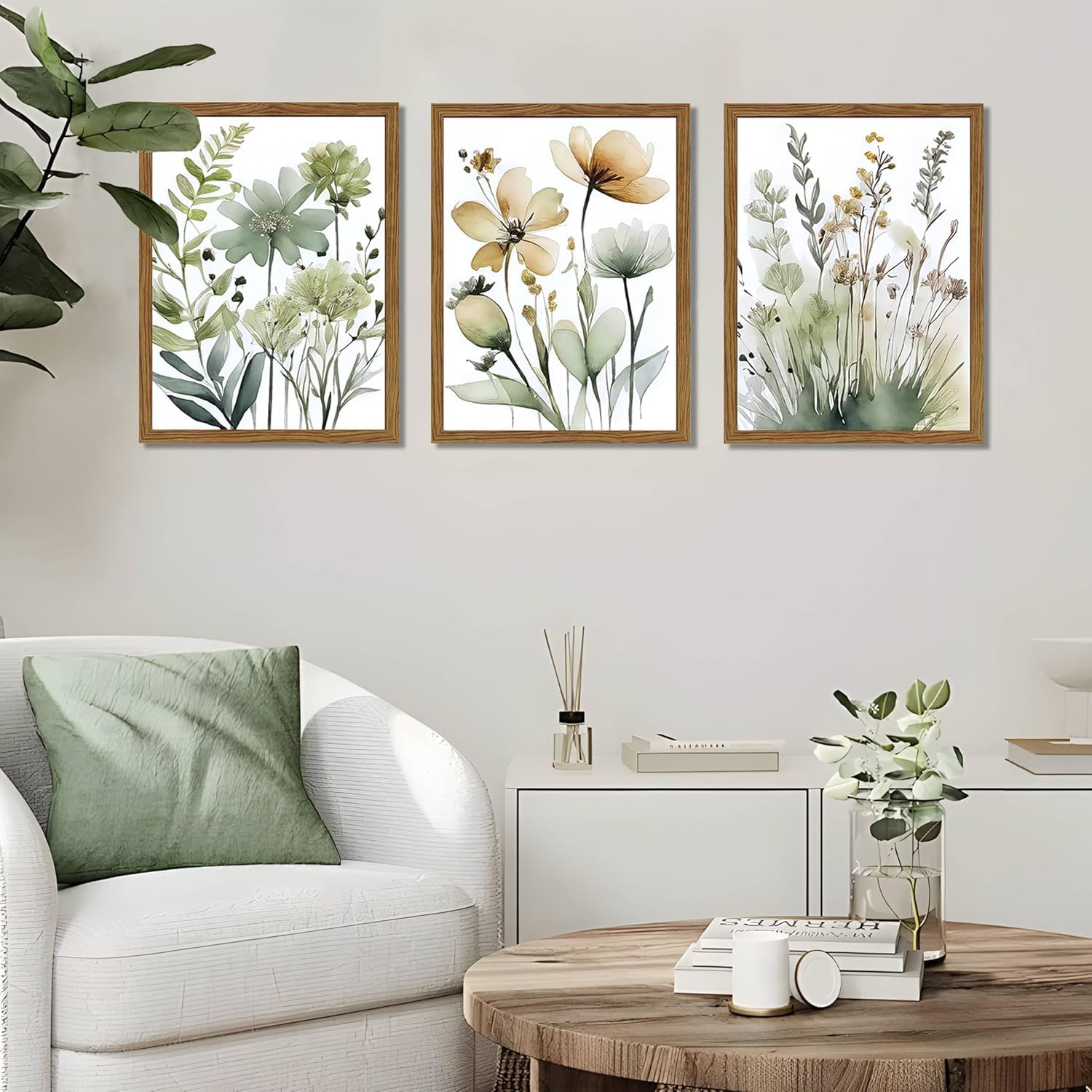 lianyibo Botaniczna sztuka ścienna w kolorze szałwii, obrazy na płótnie w stylu boho, minimalistyczne plakaty kwiatowe do dekoracji salonu (20 x 30 cm x 3/ramka wewnętrzna)