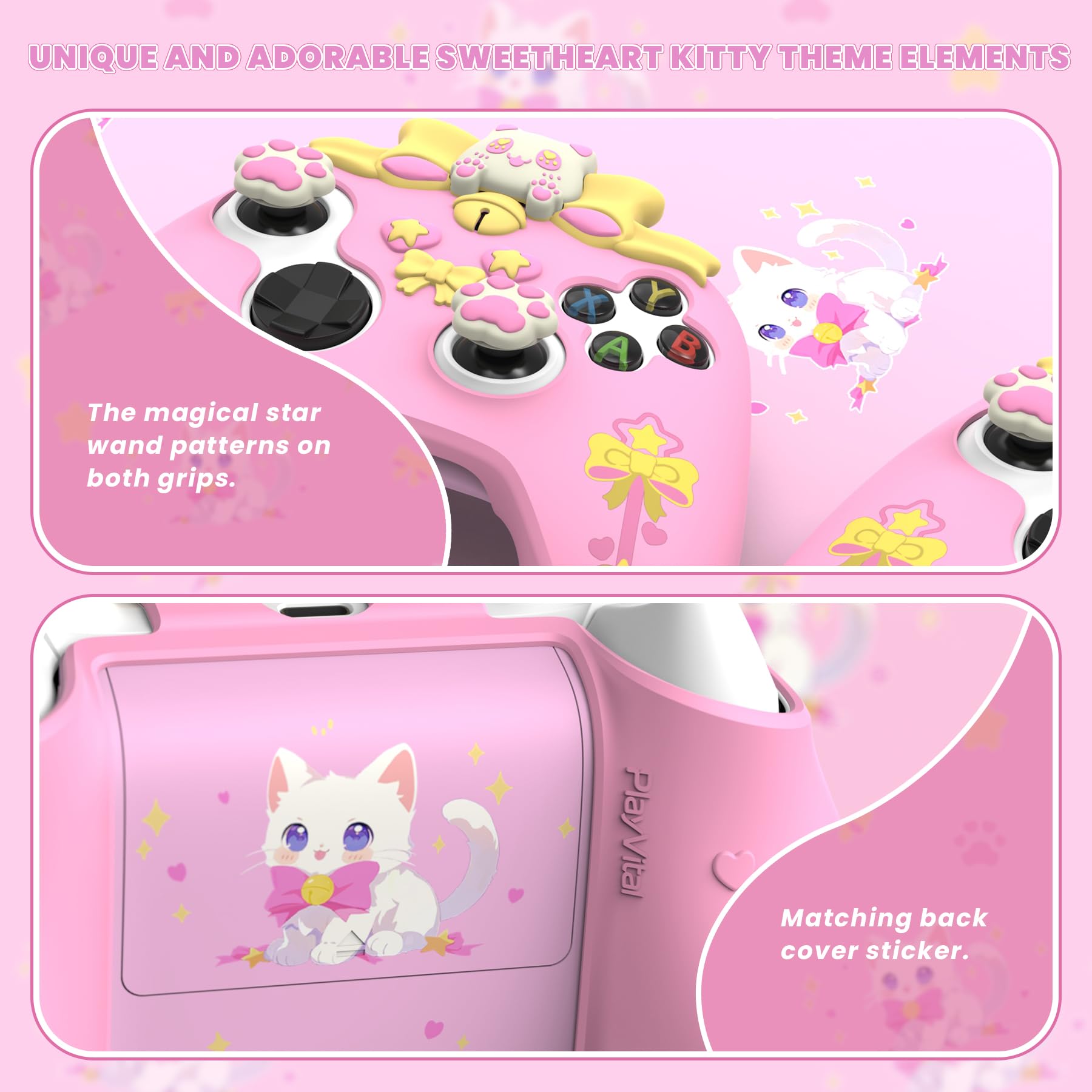playvital Cover Silicone per Xbox Series X S Joystick,Custodia Controller Skin Antiscivolo Protettiva&6 Copri Levette Analogiche-Gattino Carino-Rosa