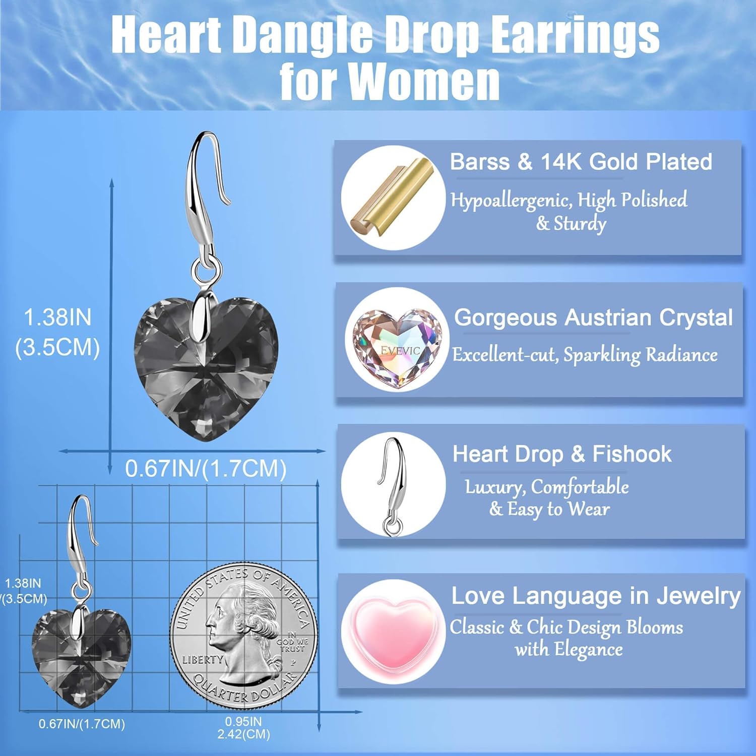 Austrian Crystal Heart Dangle Hook Earrings for Women Drop Earrings 14K Gold Plated Hypoallergenic Jewelry