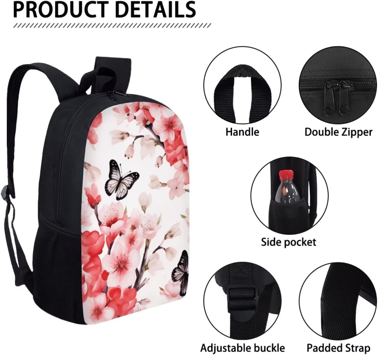 3PCS Butterflies Pink Red Hibiscus Blossom School Bag Set, Laptop Bookbag Schoolbag Hiking Backpacks Daypack Lunch Bags Pen Case Purse for College Student