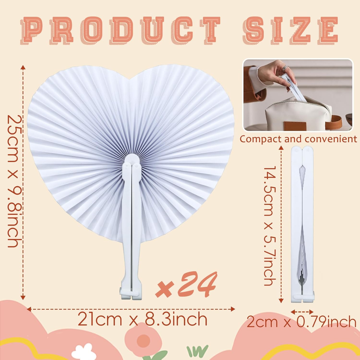 24 Pcs Foldable Hand Fan Heart Shaped White Paper Fans for Wedding Decorative Folding Fans with Plastic Handle, Small Accordian Fans for Party Birthday Decorative