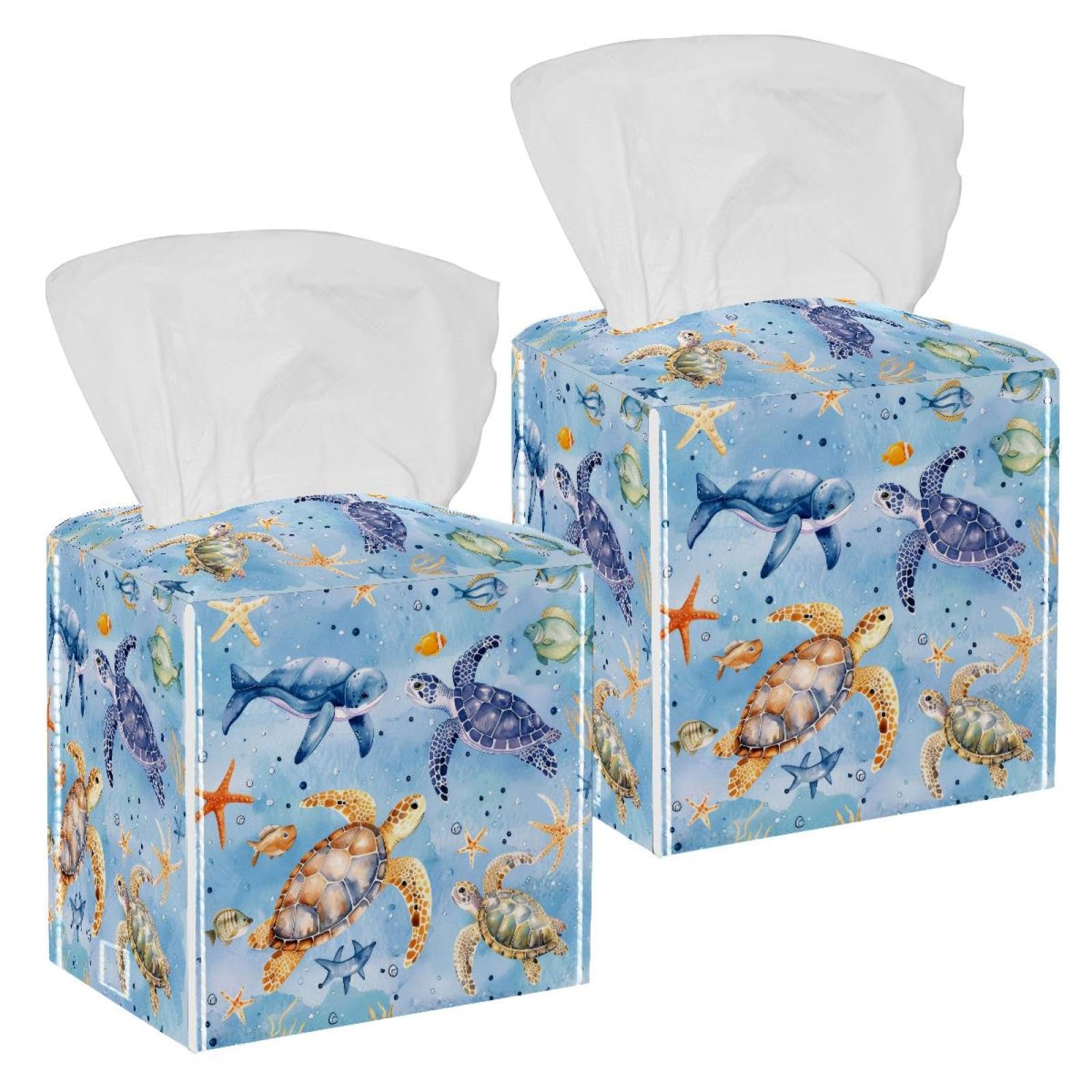 Watercolor Turtles Tissue Box Cover, 2 Pack PU Leather Square Facial Tissue Dispenser Box holder for Home Office Car