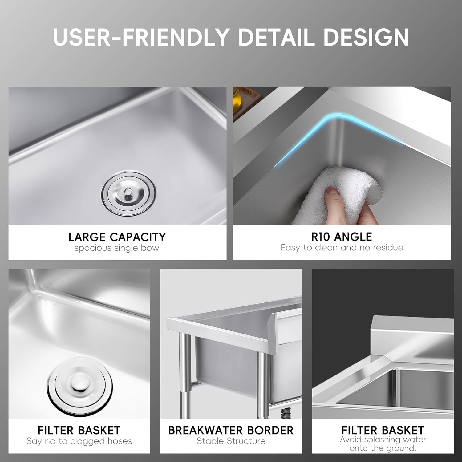 Commercial Stainless Steel Freestanding Single Bowl Utility Sink for Garage, Laundry Room, Kitchen, and Restaurant - Durable, Easy-to-Clean Design, Ideal for Home and Business Use, Heavy-Duty Sink