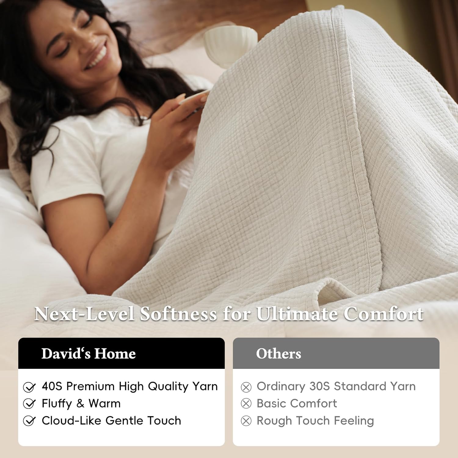 David's Home Pre-Washed 100% Cotton Muslin Throw Blanket, 4-Layer Soft Throw for Bed Couch, Breathable & Lightweight Blankets for Adults Hot Sleepers, Room Decor, Luxury Gift, Oat Milk, 50 * 70"