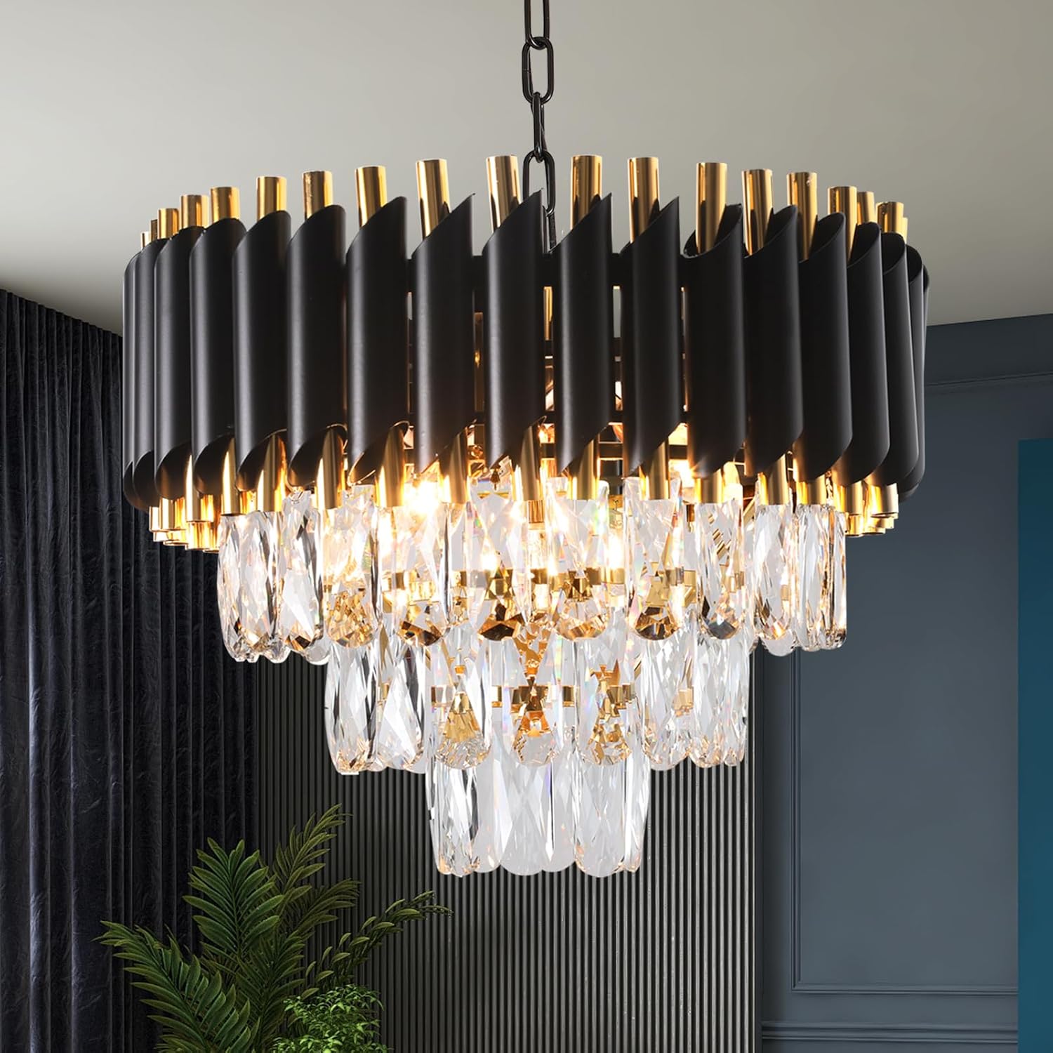 Modern Crystal Chandeliers 15.7”Gold Contemporary Crystal Ceiling Lights Fixtures 3-Tiers 5 Lights Black Round Chandelier Pendant Light Fixtures for Entryway Living Room Dining Room Bedroom