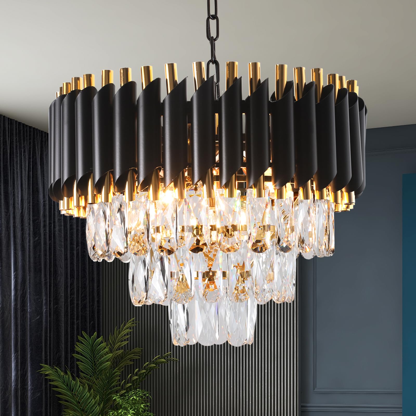 modern crystal chandeliers 15.7”gold contemporary crystal ceiling lights fixtures 3-tiers 5 lights black round chandelier pendant light fixtures for entryway living room dining room bedroom