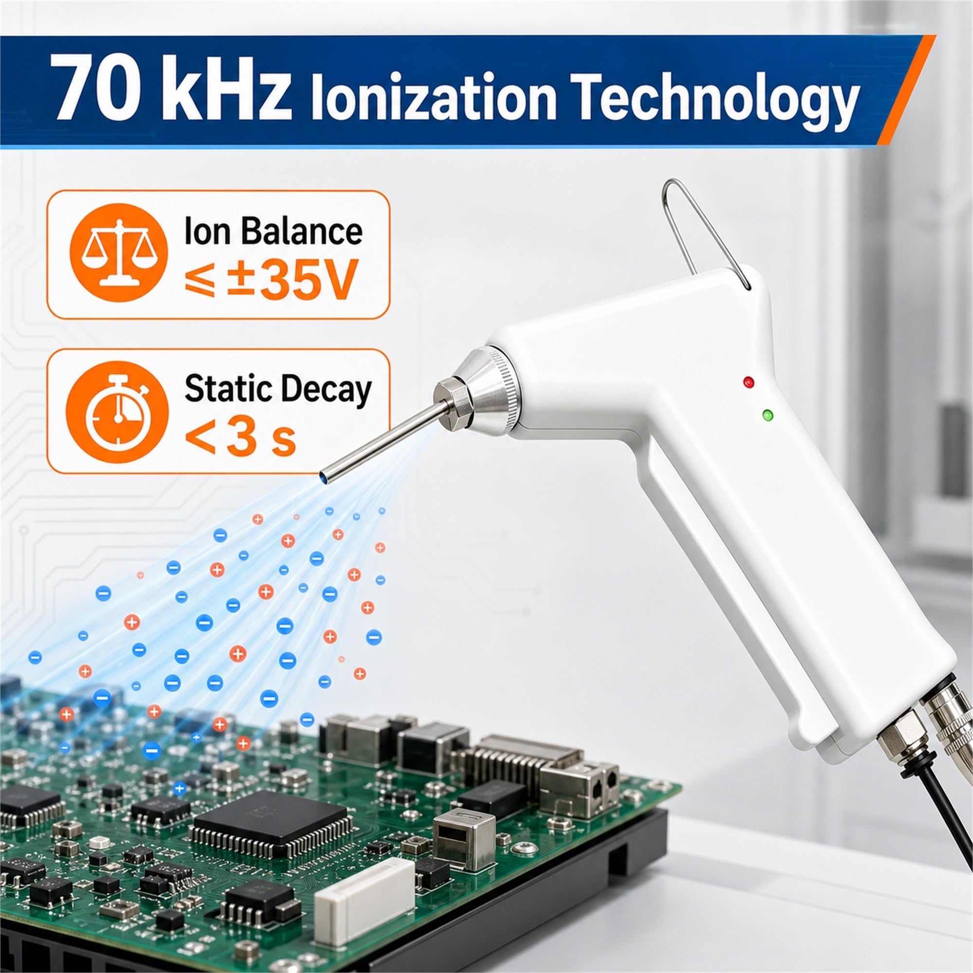 Pistola de Aire ionizante, eliminador de estática portátil de 70 Khz | Boquillas Removibles, Conjunto Electrónico, Eliminación De Estática, Indicador Led, 24V CC(B)