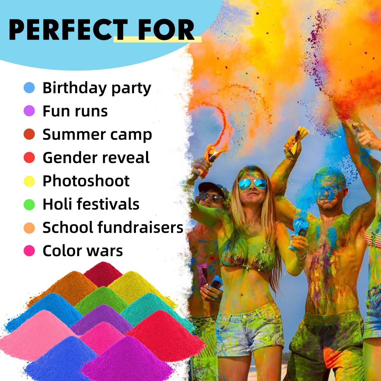 Color Run Powder Squeeze Bottles -22.5lbs Bulk 15 Colors + 15 Pack Large 34oz (1.5lb) Refillable Bottles Prefilled Holi Powder - Reusable for Color Wars, Parties, Festivals - Supply for Multiple