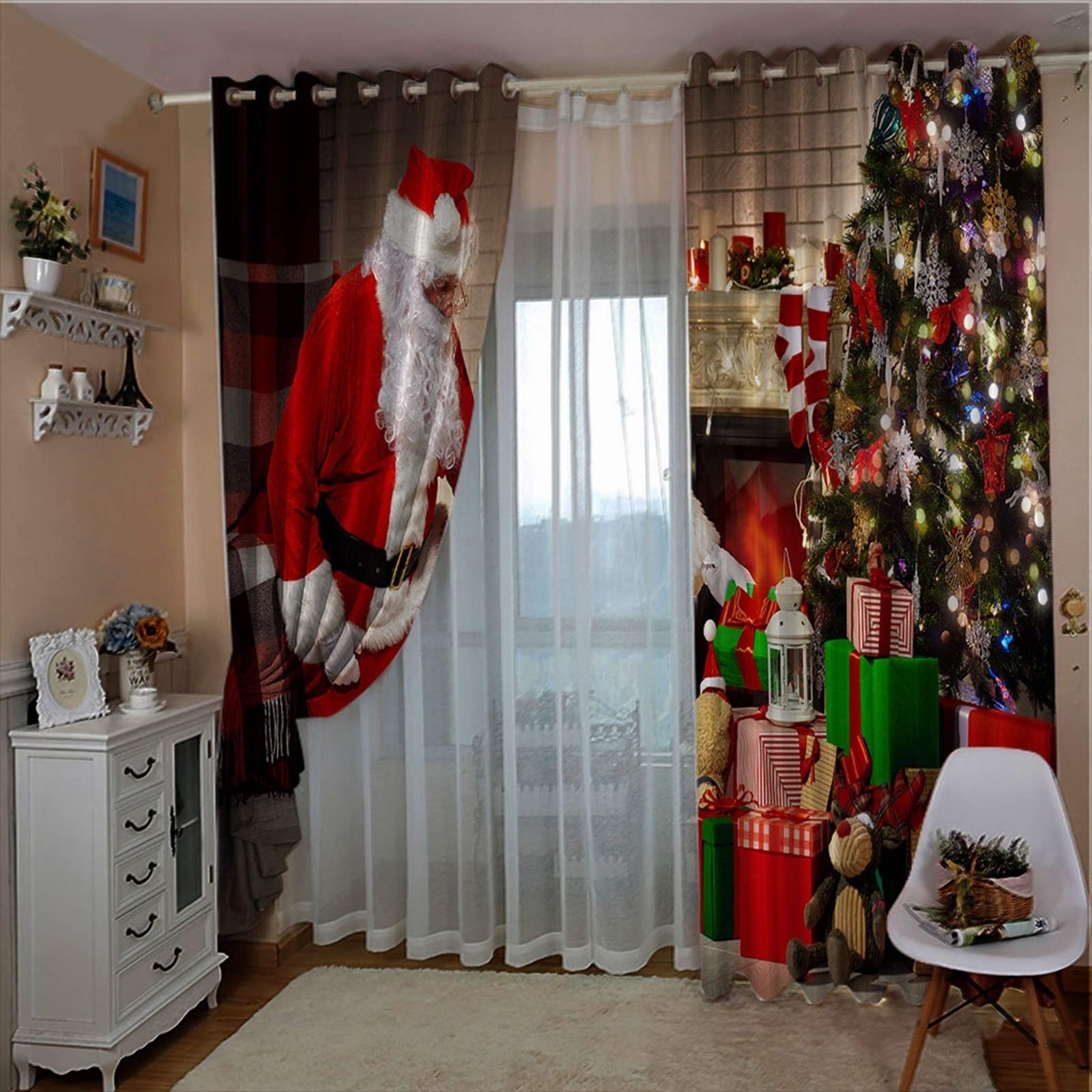 Daesar zestaw termicznych zasłon zaciemniających, dekoracyjnych choinek prezent Święty Mikołaj okno zasłony 214 x 244 cm, do salonu, czerwone, białe, zielone