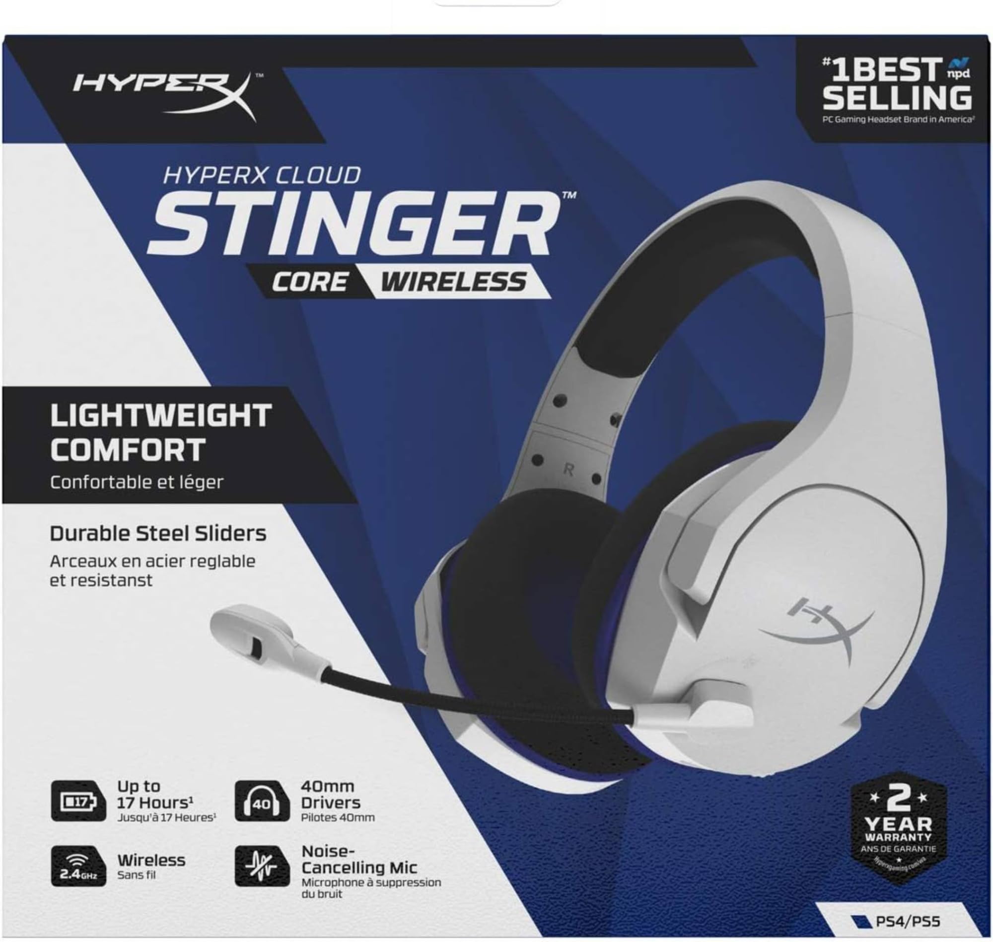 HyperX Stinger Core, Cuffie da Gaming senza Filo, Connessione a 2,4 GHz, Telaio in Acciaio, Cuscinetti in Memory Foam Rivestiti in Tessuto, Autonomia 17 Ore, Adatto per PC, PS4 e PS5, Bianco/Blu
