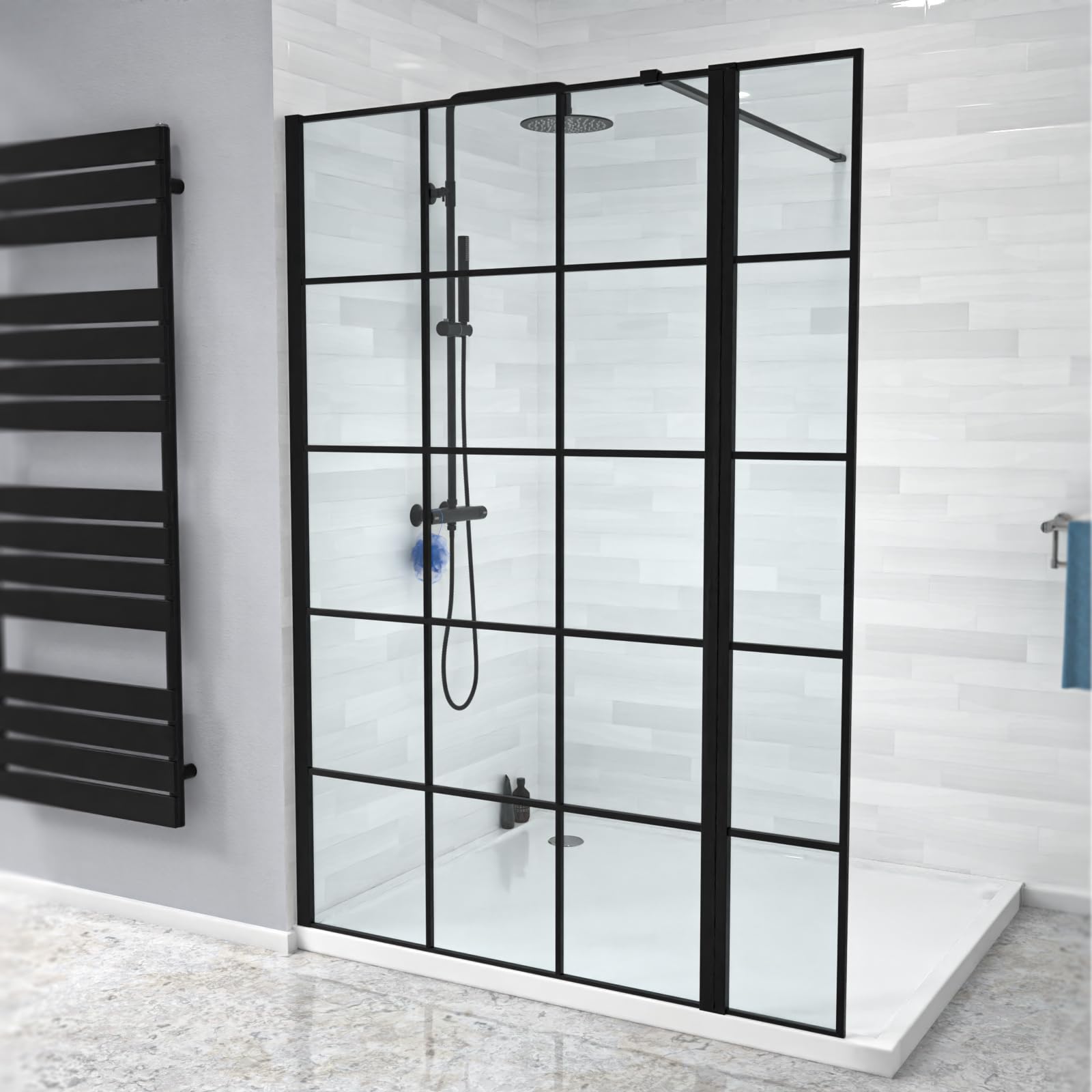 B&Q -  Black Grid 1000mm Shower Screen 8mm Tempered Glass With 300mm Return Panel