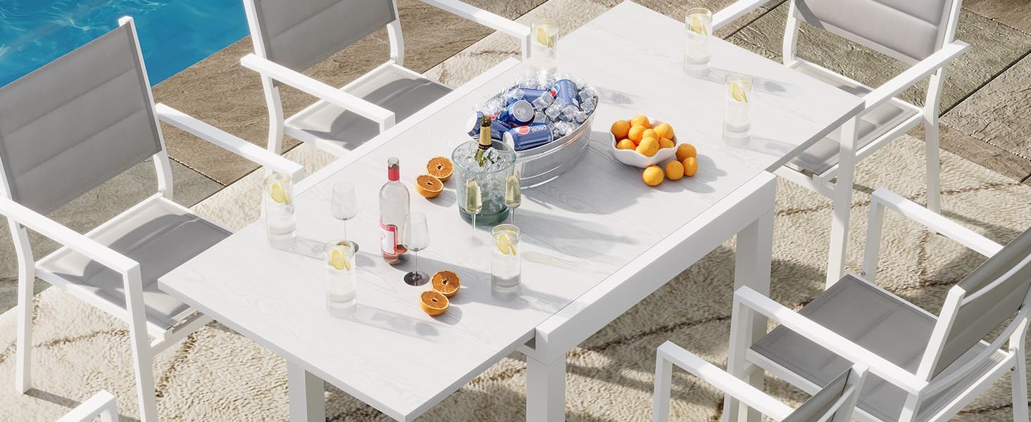 GarveeLife Extentable Outdoor Dining Table Set for 4-6 Persons, 31.5-63 in Expandable Patio Table, Rectangular Aluminum Frame, Woodgrain Tabletop, for Person Porch Deck Garden,White