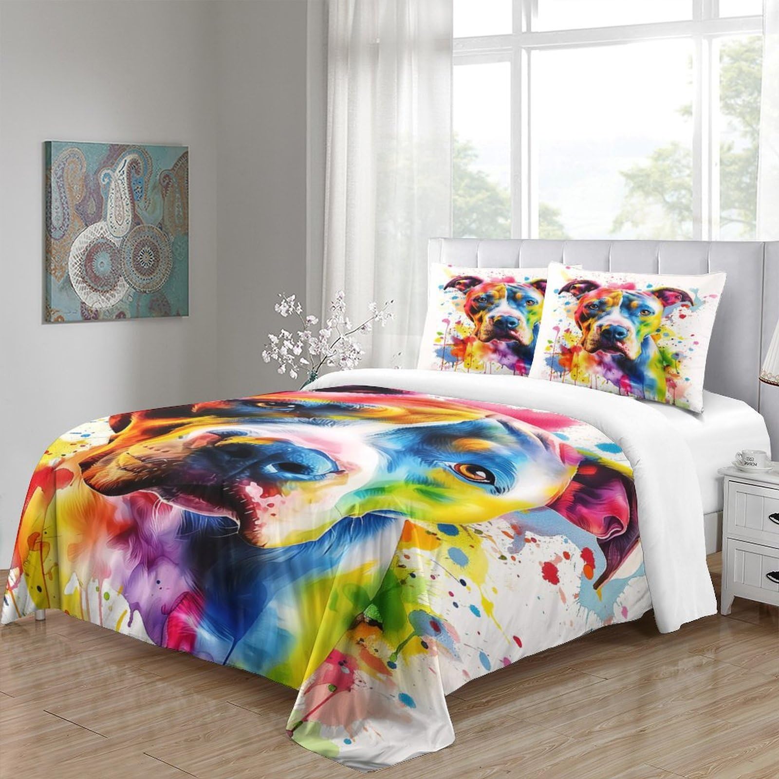 Colorful Hundeporträt 3-teiliges Reines Polyester Lebendige abstrakte Tierkunst Bettbezug, Versteckter Reißverschluss, Krippenbettwäsche, Babysicher & Pflegeleicht King（220x240cm）