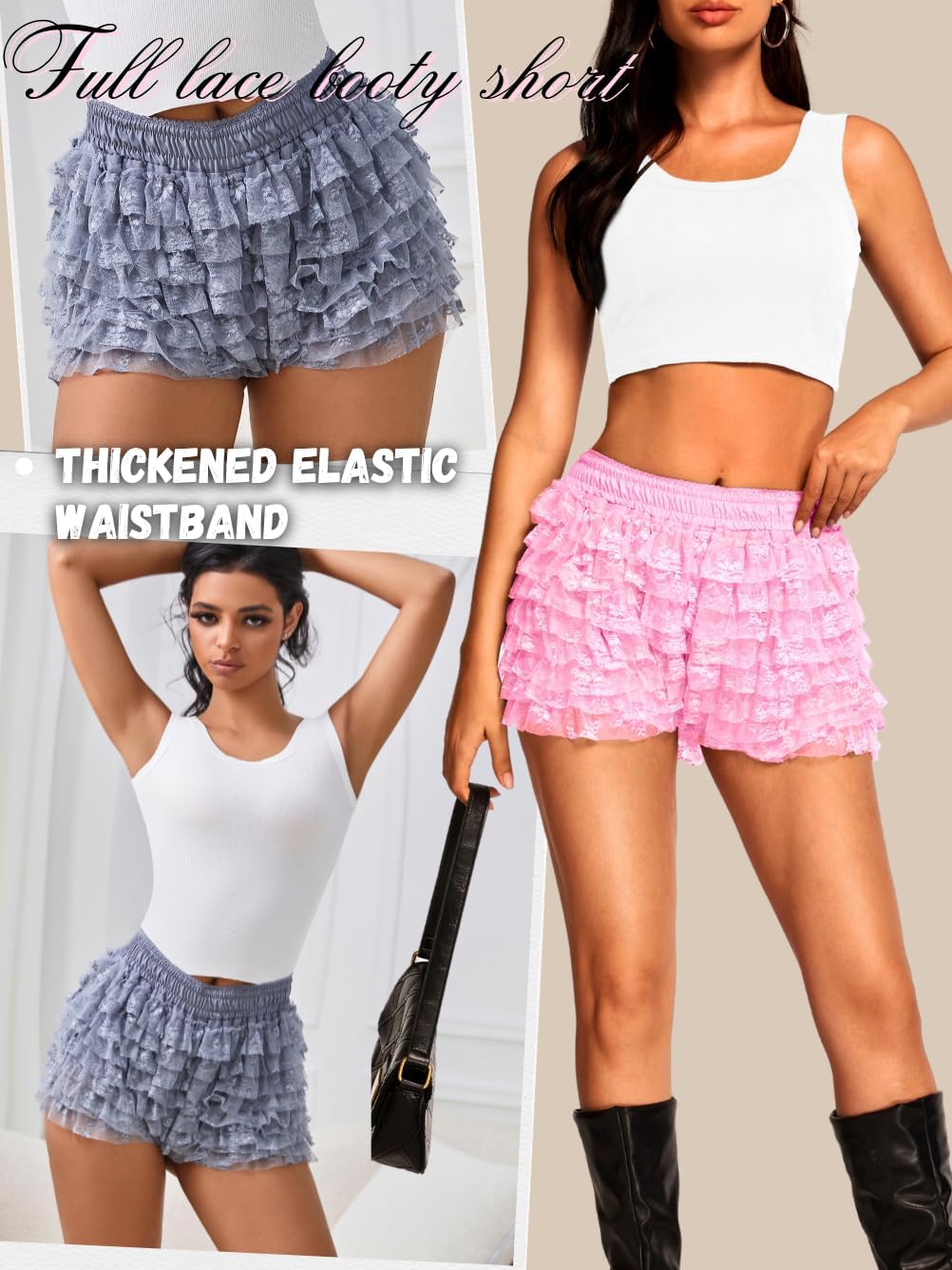 ChiaoLezhee High Waisted Ruffle Shorts for Women Girls, Cute Lace Layered Bloomers, Going Out Mini Micro Bloomer