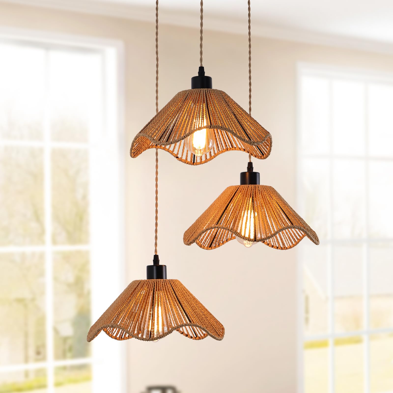 Lámpara Colgante De Ratán, 3 Luces Lámpara Colgante Boho, Lámpara Colgante De Granja De Altura Ajustable, Lámpara De Ratán Vintage Para Cocina Comedor