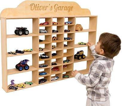 Wooden Wall Mounted Toy Car Storage Organizer - Shelf with Wheels - Wooden Wall Display Shelves - Personalizable Name Engraving - Playroom Car Toy Organizer by EnjoyTheWood Pink, Design 1