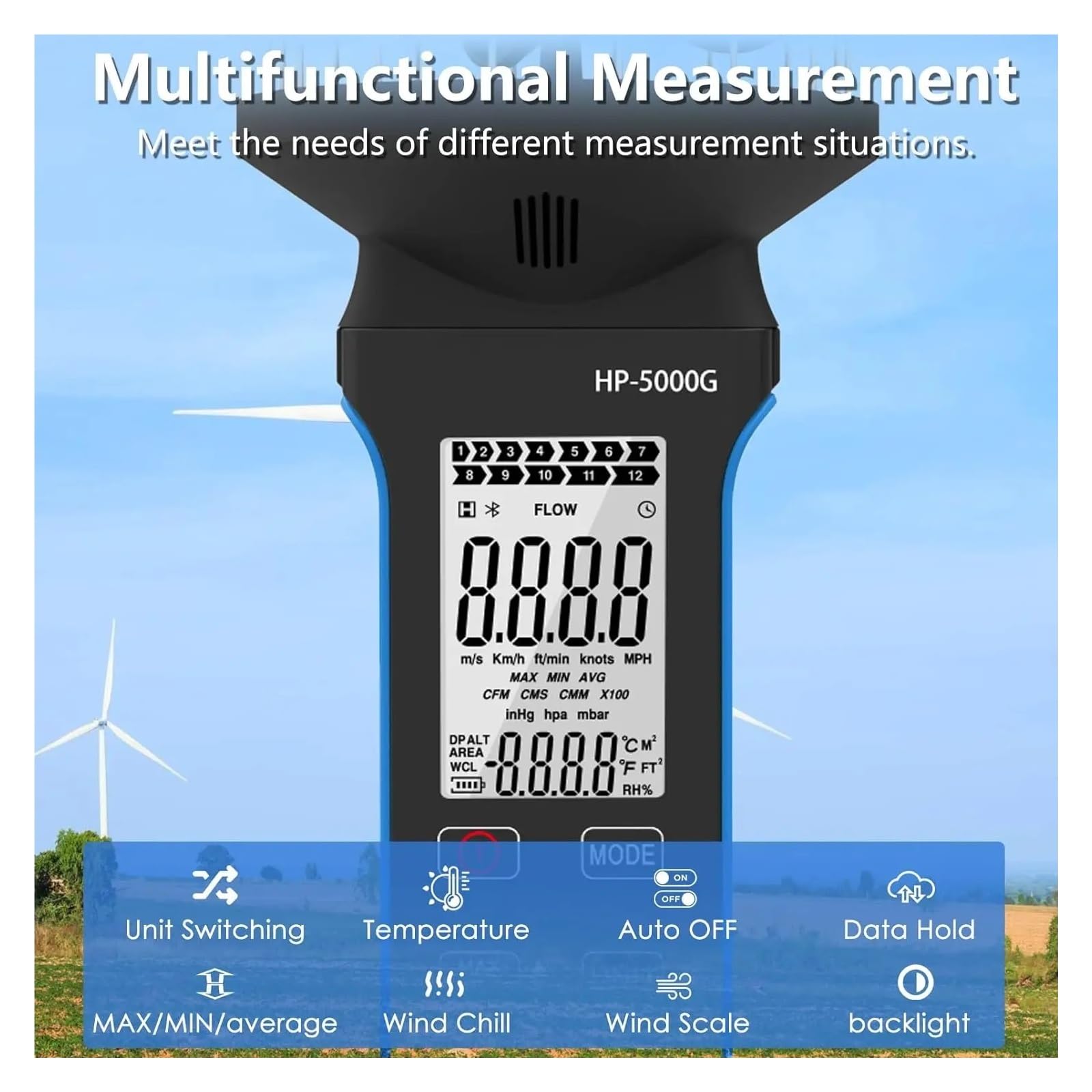 Anemómetro Azul Velocidad del Viento Volumen Aire Medición de Temperatura Luz Fondo multifunción,BT-5000G(Orange)