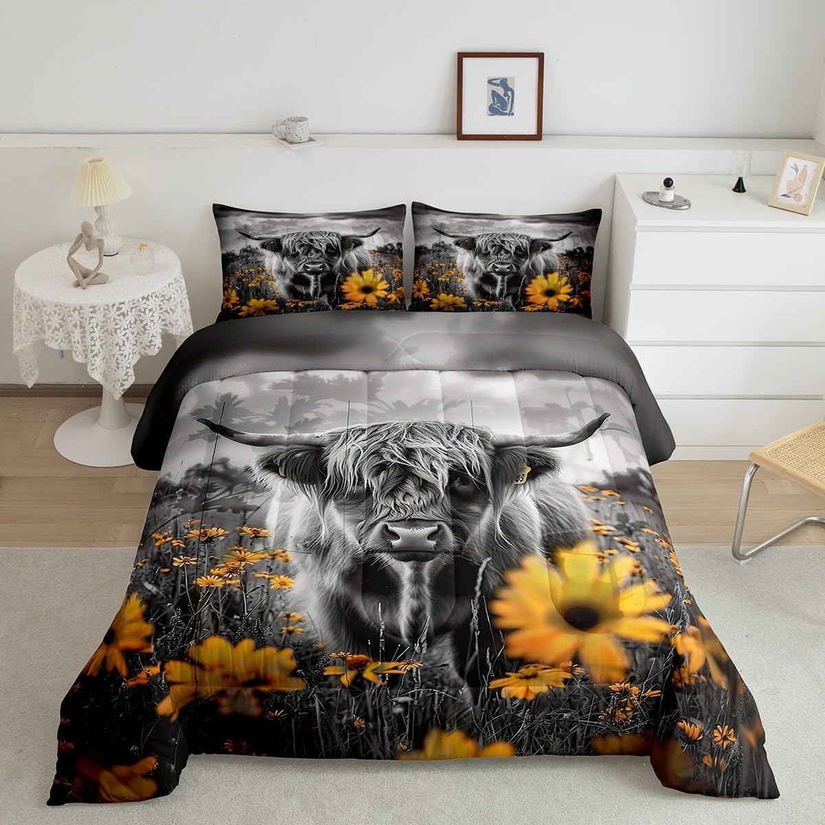 Feelyou Leopard Print Highland Cow Comforter Set Floral Highland Cow Bedding Set Queen Size for Boys Girls Bedroom Bed Decor Brown Cheetah Print Comforter Farmhouse Quilt Set for All Season