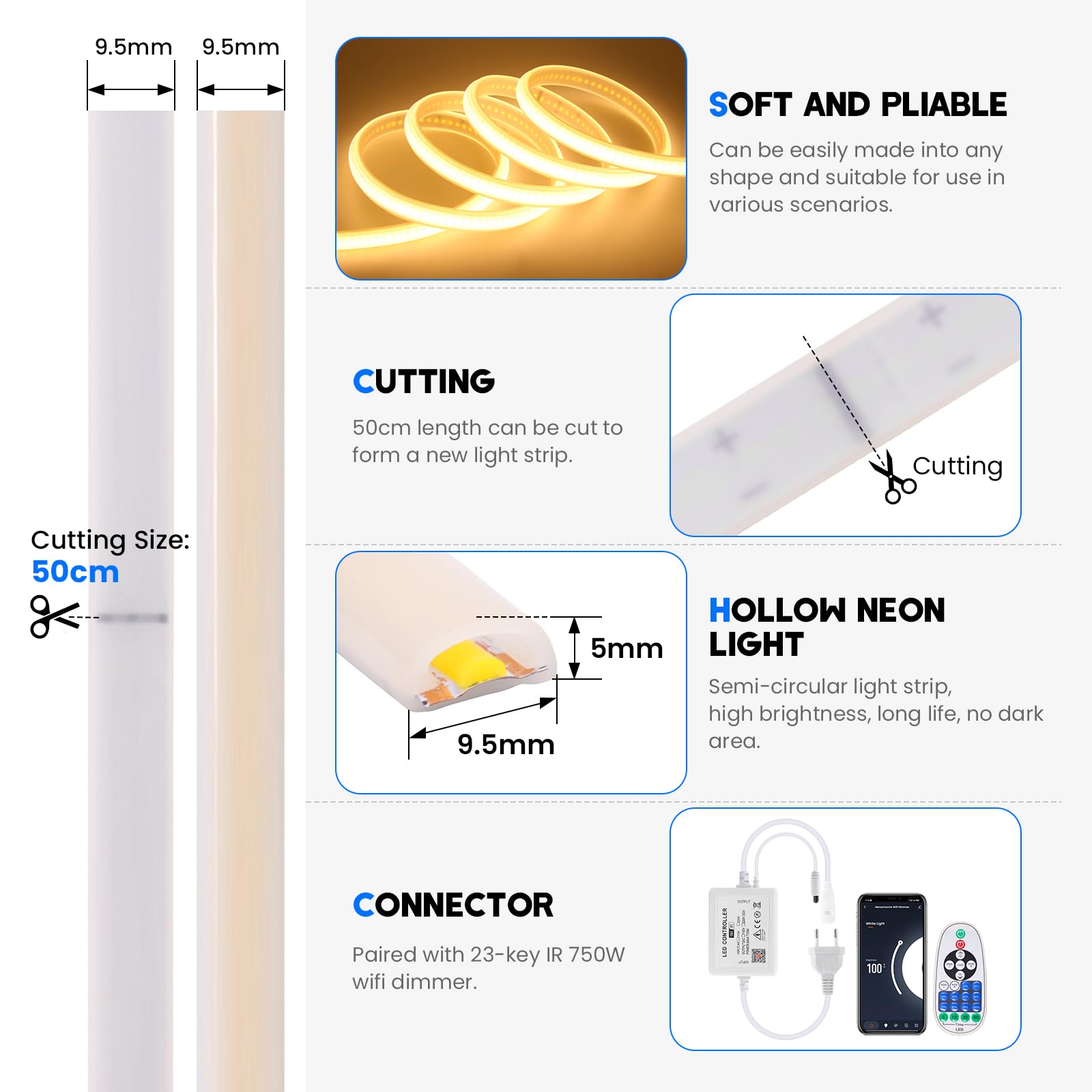 KISUFU Striscia 220v COB 288 Led/m, colla bifacciale impermeabile IP65 Striscia luminosa al neon Striscia luminosa a LED con Wifi Musica 23 tasti IR 750w Dimmer per la decorazione interna esterna