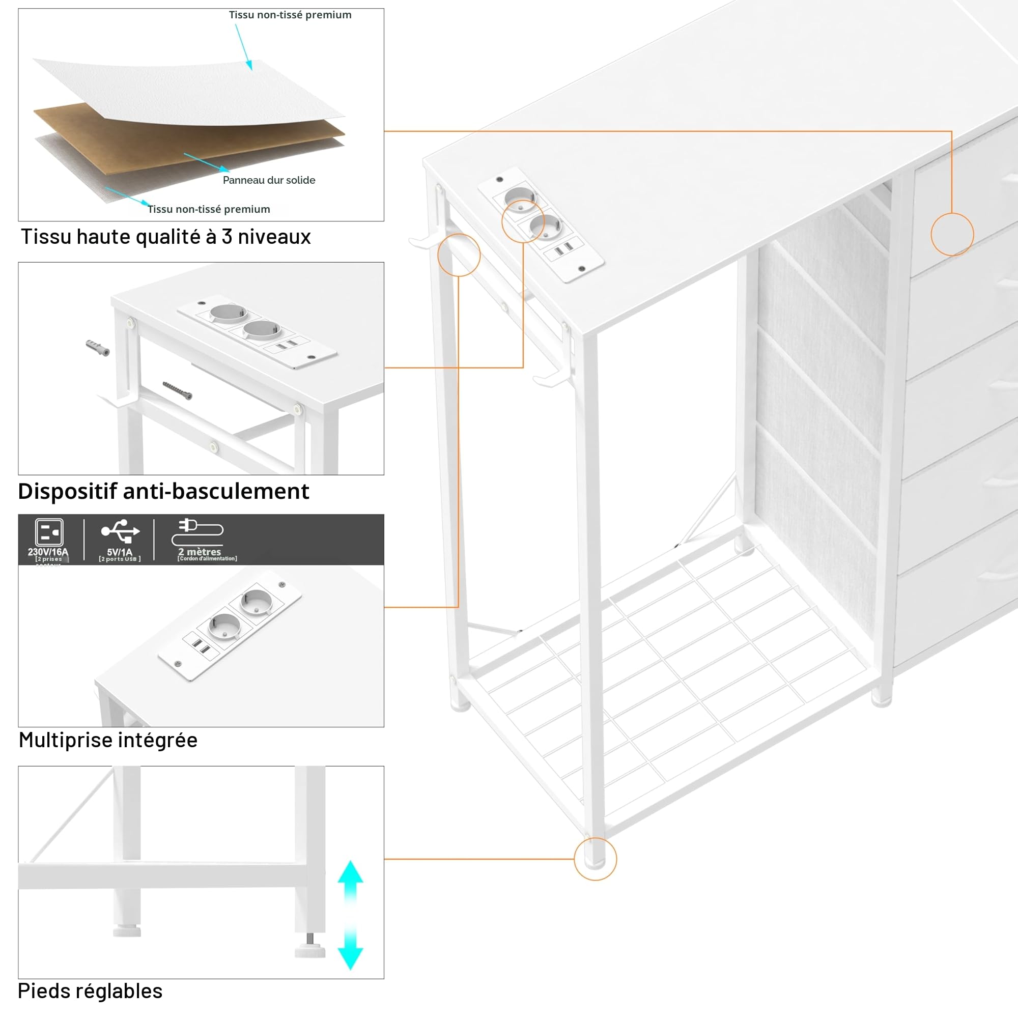Trironsun Commode à 5 tiroirs avec porte-vêtements - Commode avec tringle à vêtements - Lumières LED - Penderie - Tiroirs - Station de charge - Étagère flexible - Étagères ouvertes pour salon