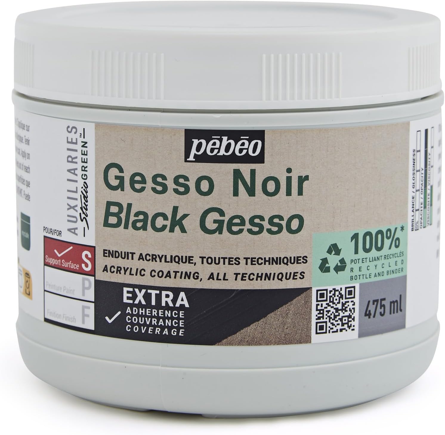 Pebeo Studio Green Acrylic Black Gesso 100% Recycled Resin Eco Friendly Black Base Agent 16.7 fl oz (475 ml)