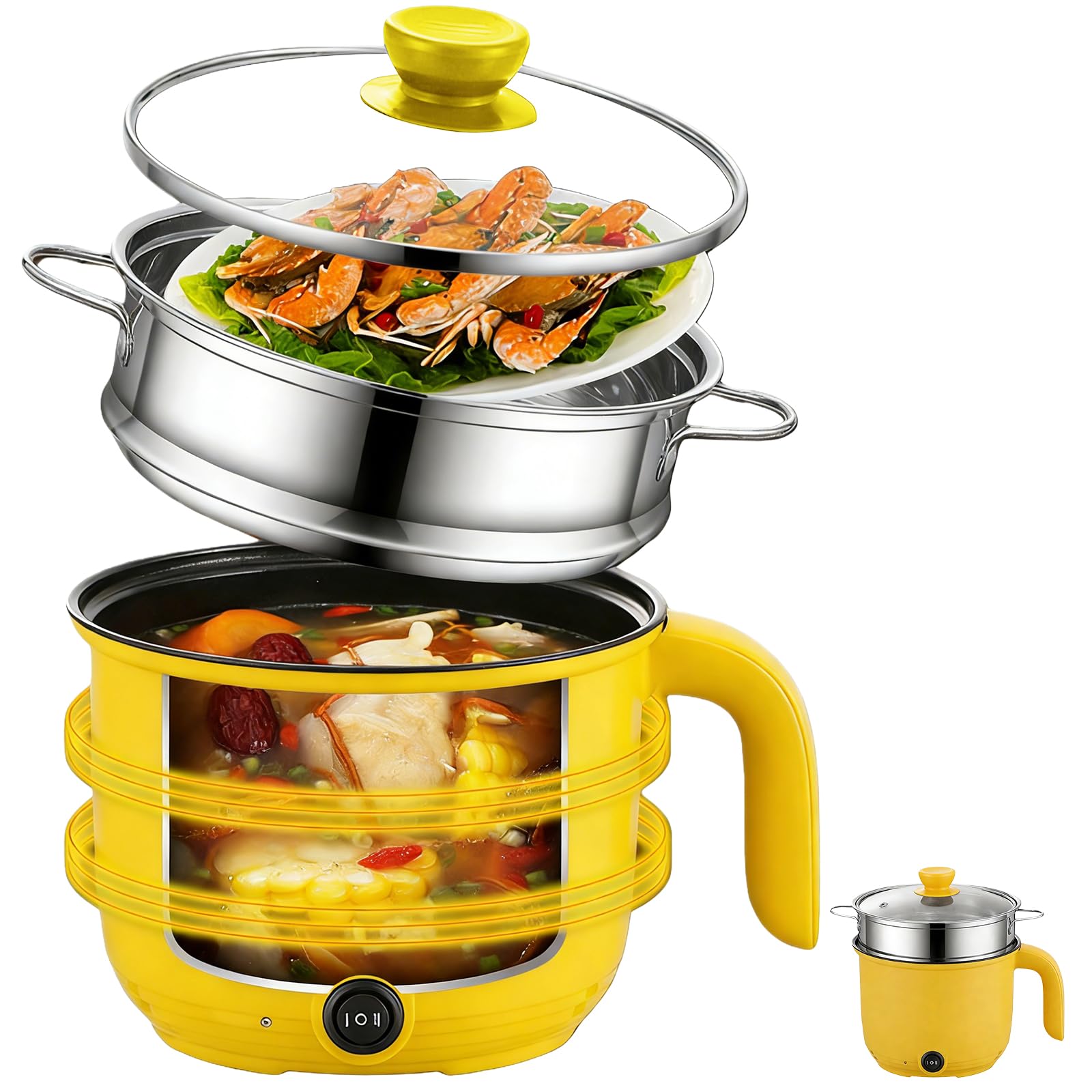 Elektryczny garnek Hot Pot, 1,5 l, mały, elektryczny garnek do gotowania z koszem na parze ze stali nierdzewnej, 600 W, przenośny, szybki do gotowania makaronu, wielofunkcyjna patelnia do domu, biura