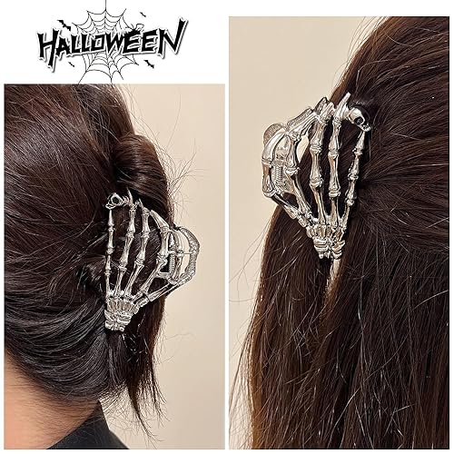 Miniatura 6 de Pinzas de metal plateado con diseño de mano fantasma, pasadores y abrazaderas de pelo grueso para mujeres, decoración de Halloween, fiesta de