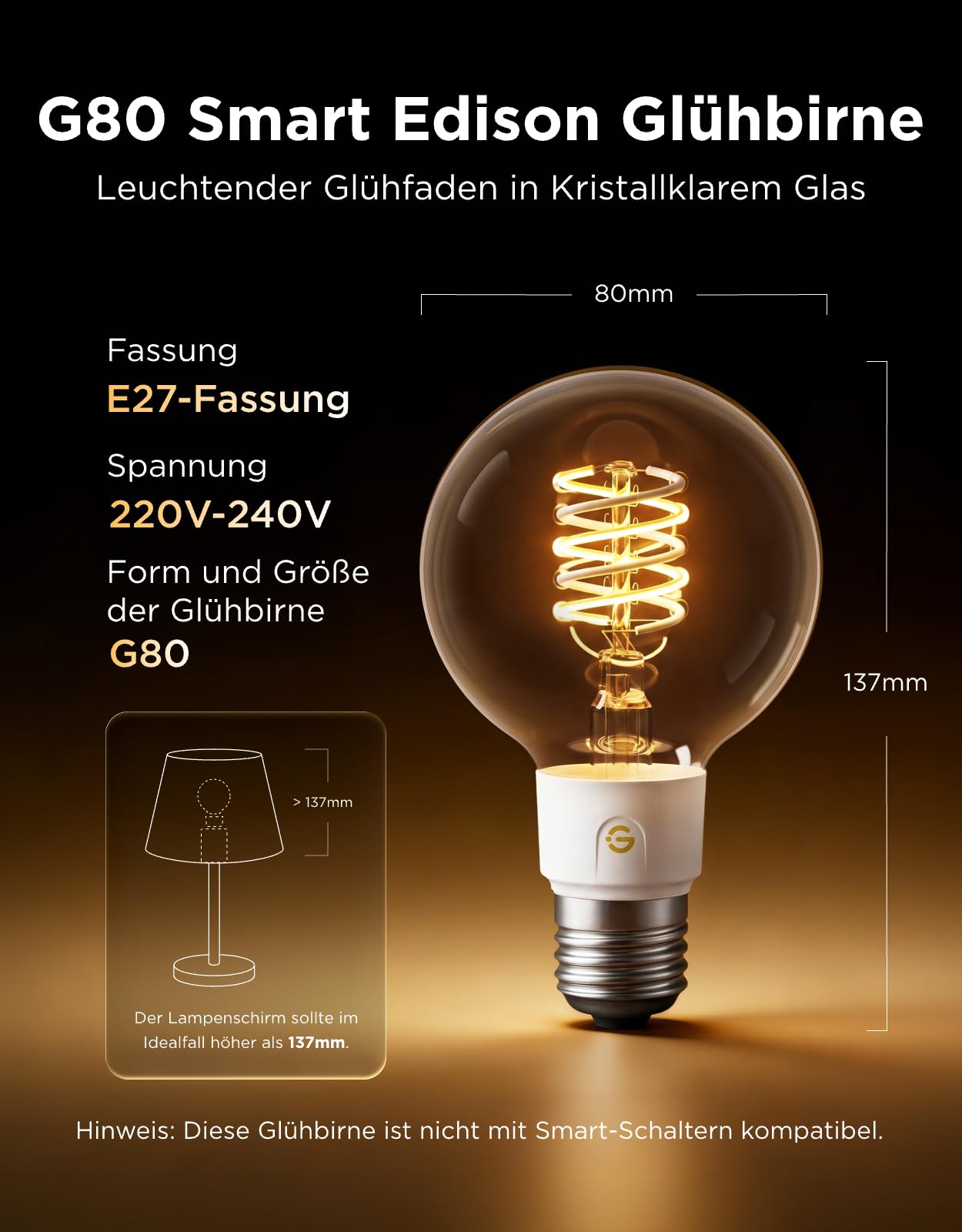 Govee Smart Edison Glühbirne E27, RGBWW Vintage LED Lampe G80, Kompatibel mit Matter, Google Assistant, Dimmbare mit COB-Lichtleiste, 16 Millionen DIY-Farben, für Restaurant und Wohnzimmer, 2 Stück