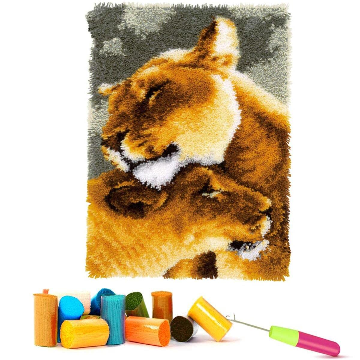 Latch Hook Rug Kits, Doormat Carpet Making Kits，Gift Packing DIY for Kids/Adults with Printed Canvas, Lion Pattern, 15x21 inch