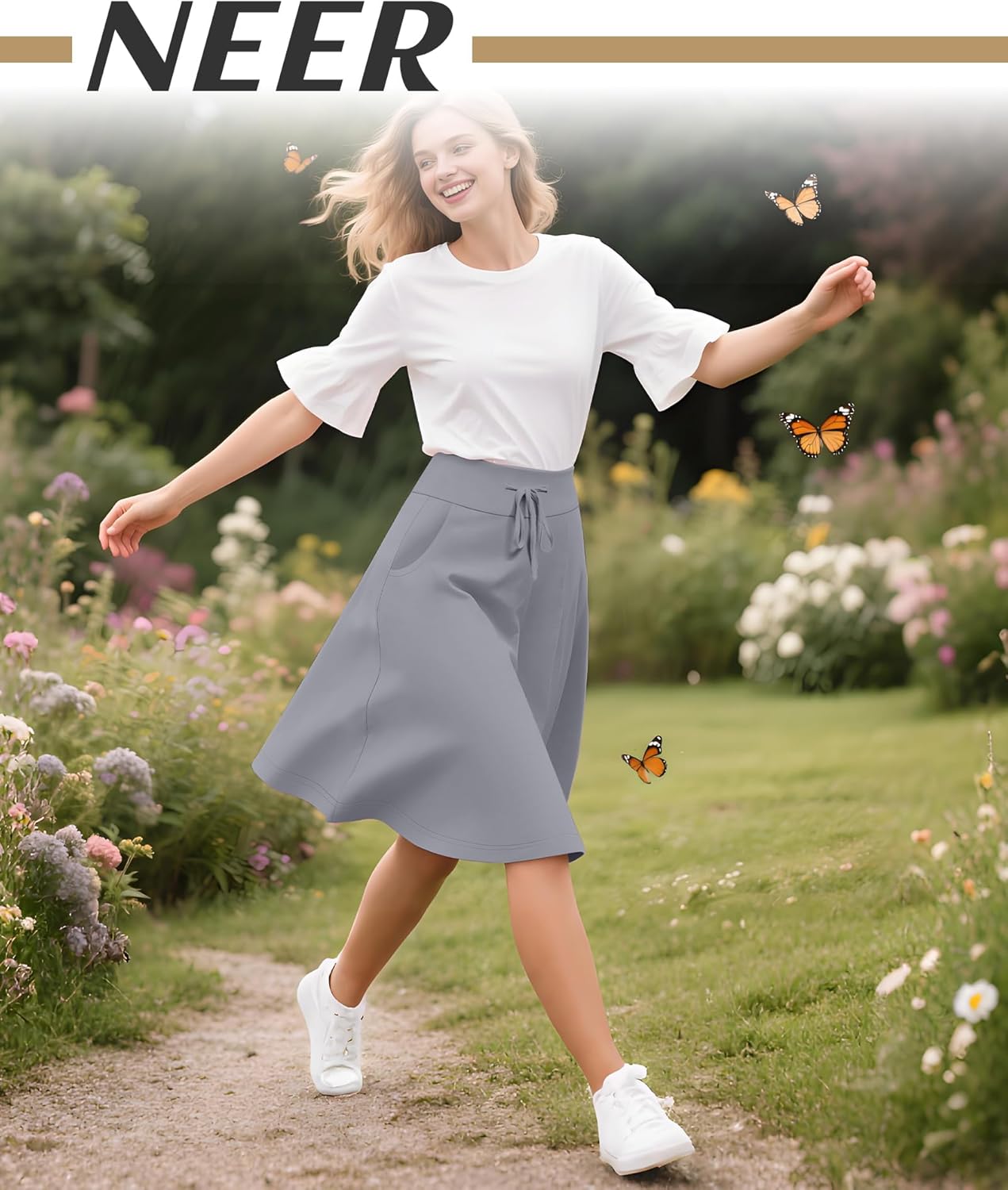 Neer 3 Pack Women's Knee Length Midi Skirts, Flowy Flared High Waisted A-Line Casual Drawstring Summer Skirts with Pockets(Black, Light Gray, Dark Gray,X-Large) - Image 5