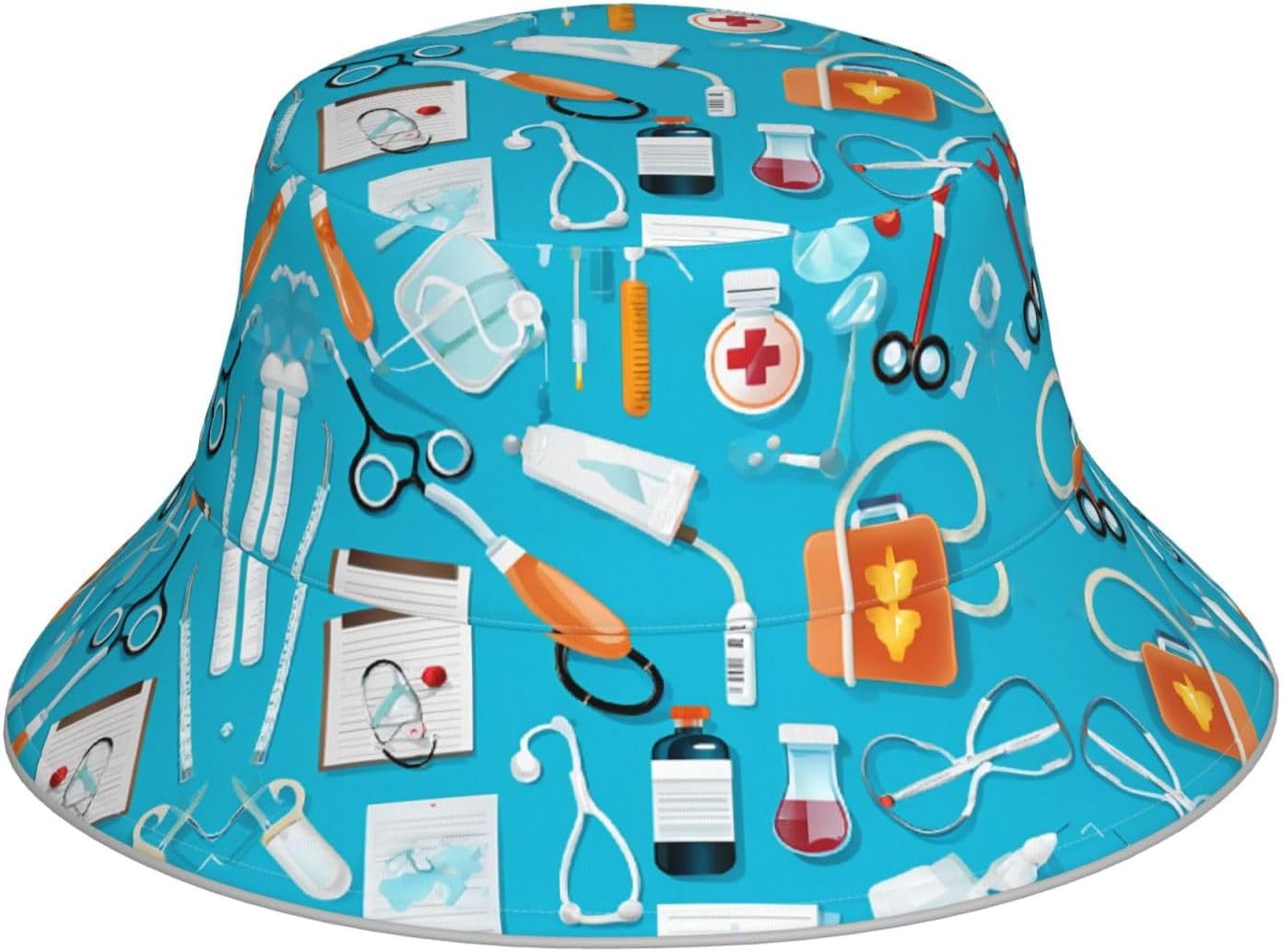 (Cartoon Medicine Pattern) Reflective Reversible Bucket Hat Foldable Breathable Stylish Two-Way Wear for Outdoor Travel Daily Activities Black