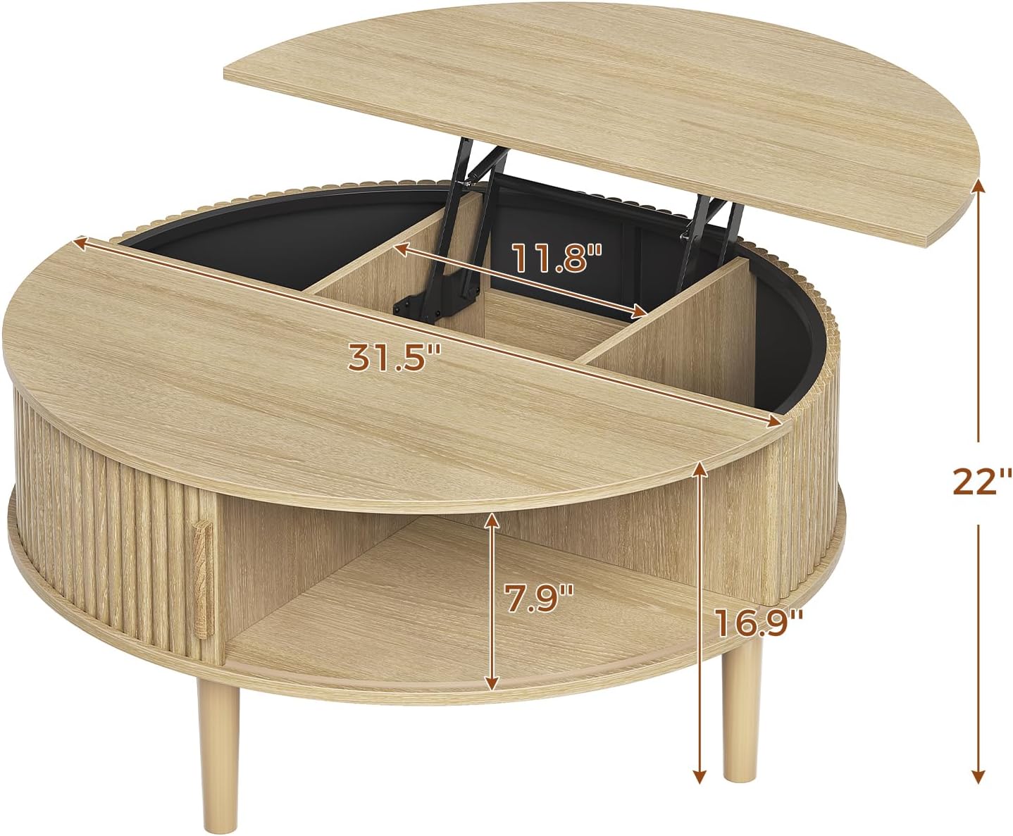 Round Lift Top Coffee Table, Modern Coffee Table with 180° Curved Sliding Door, Fluted Accent Coffee Tables with Hidden Storage and Open Shelves, for Living Room, Office, Oak
