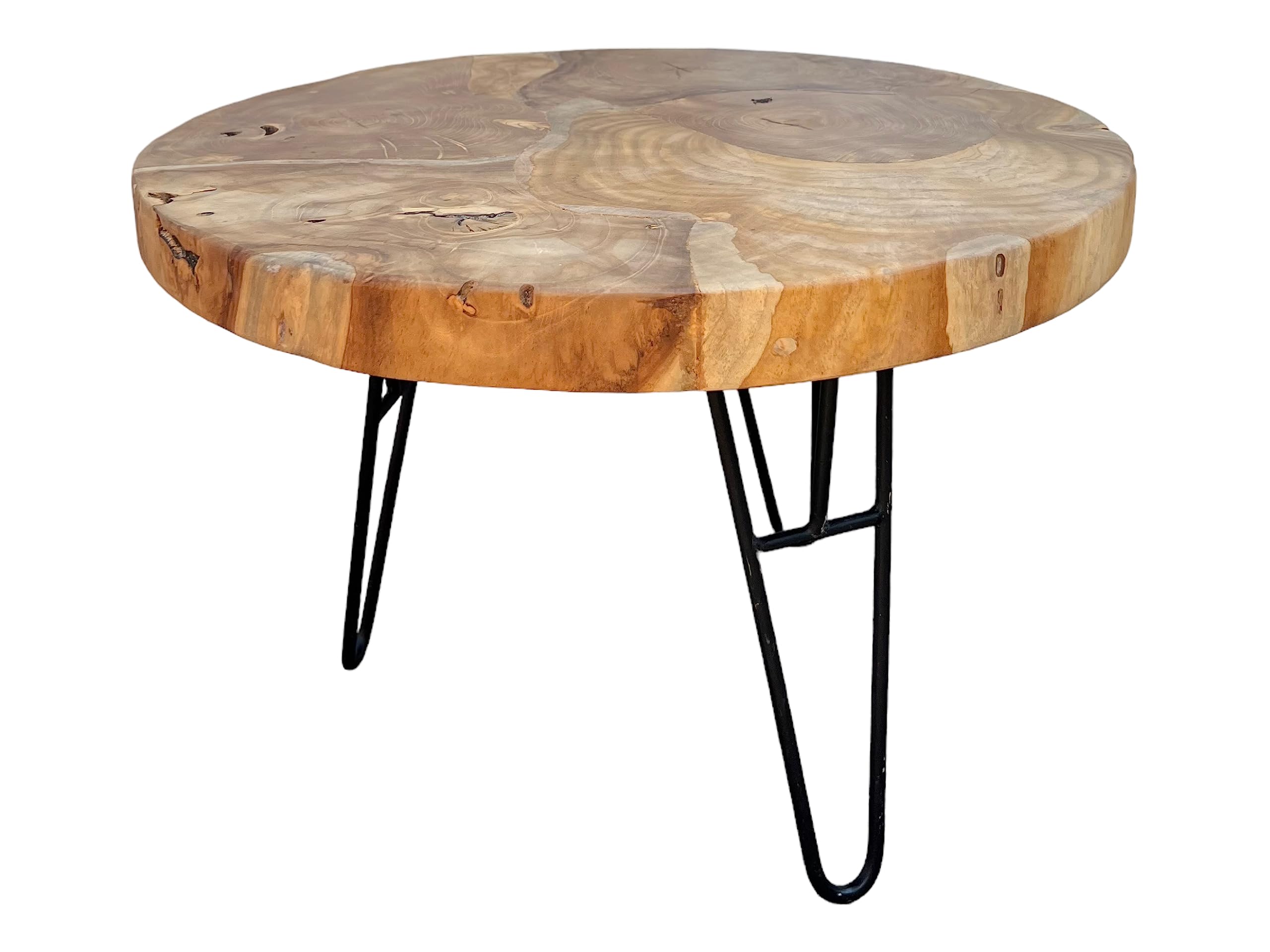 Holz Couchtisch – Beistelltisch Kaffeetisch – Mit DREI Metallbeinen – Rund aus Teakholz – 60x60x43 cm