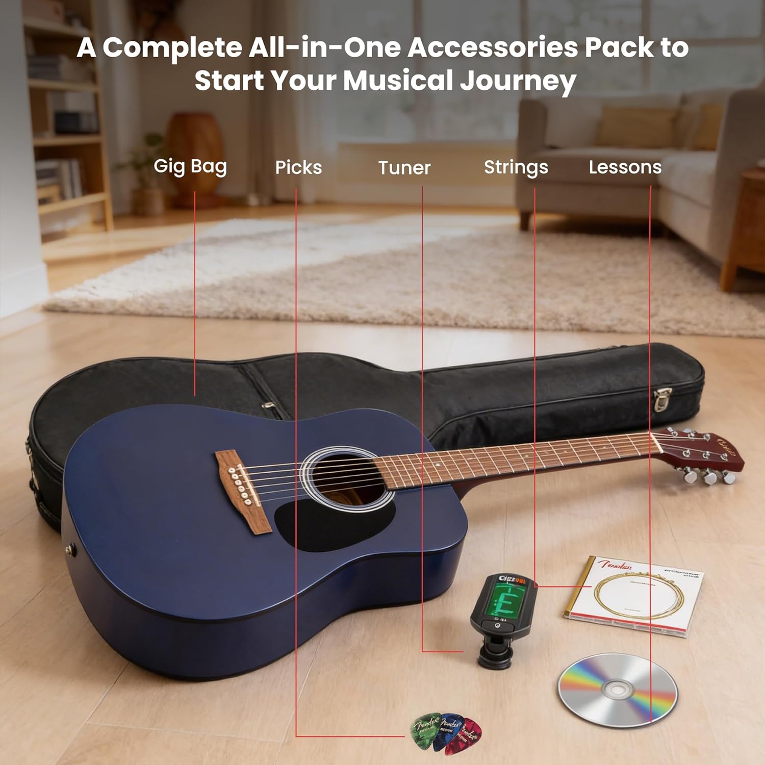 Fender FA Series Dreadnought Acoustic Guitar - Saphire Blue Bundle with Gig Bag, Tuner, Strings, Picks, and Austin Bazaar Instructional DVD