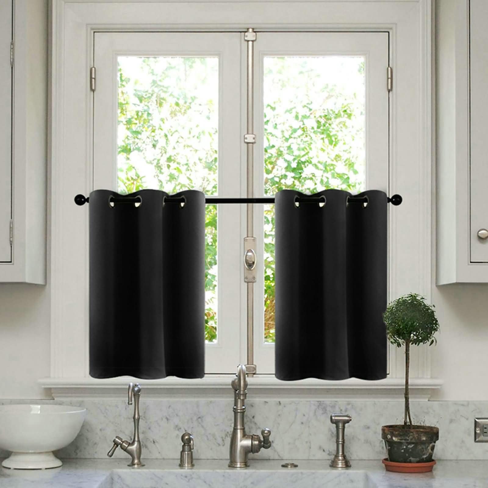 Gardinen 2er Set Kurz Fenster,132 cm Breit,Ösen | Einfarbig,Pflegeleicht Polyester,Blickdicht,Schwarz,132 x 114,5 CM