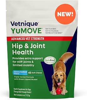 YuMOVE Hip & Joint Supplement for Dogs with Glucosamine, Hyaluronic Acid, Green Lipped Mussel & Omega 3 Joint Supplement - Regular or Advanced Strength (45ct, Advanced Vet Strength Soft Chews)