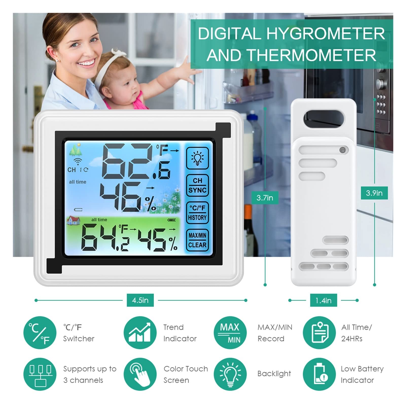 Termómetros para piscinas Pantalla táctil Estación meteorológica Sensor de pronóstico al aire libre Termómetro de retroilimómetro Hygrometer Estación meteorológica inalámbrica para piscinas interiores